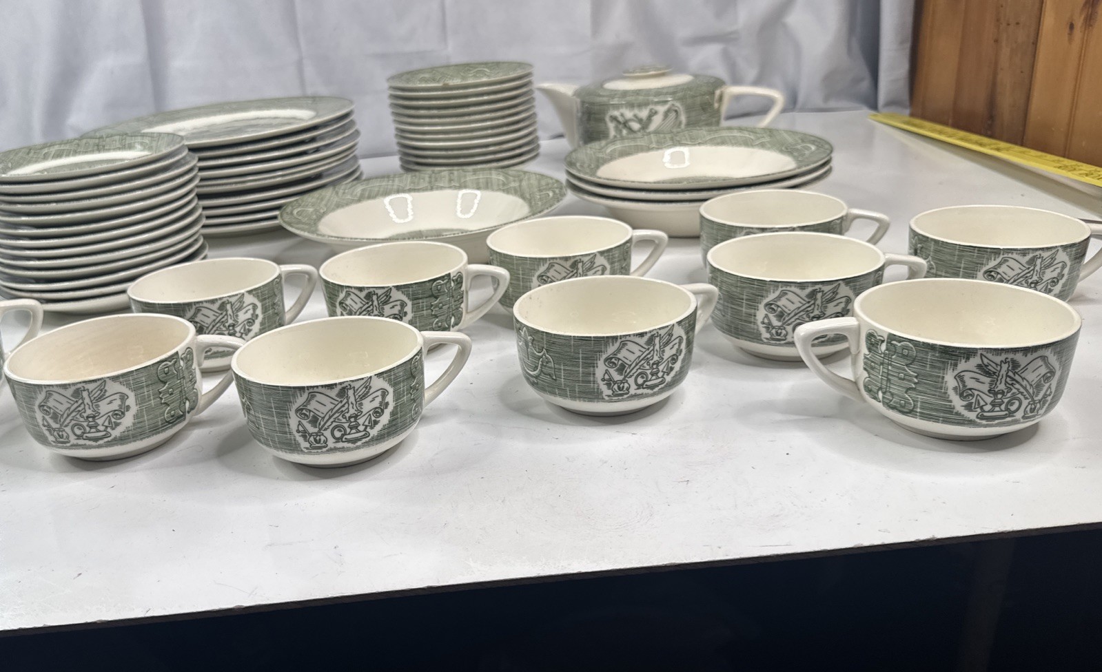 65 Pc Old Curiosity Shop Transferware Plates Bowls Cups Creamer Sugar Tea Kettle