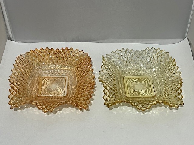 Vintage Yellow & Orange Diamond Point Sawtooth Square glass Candy Dish Bowl set