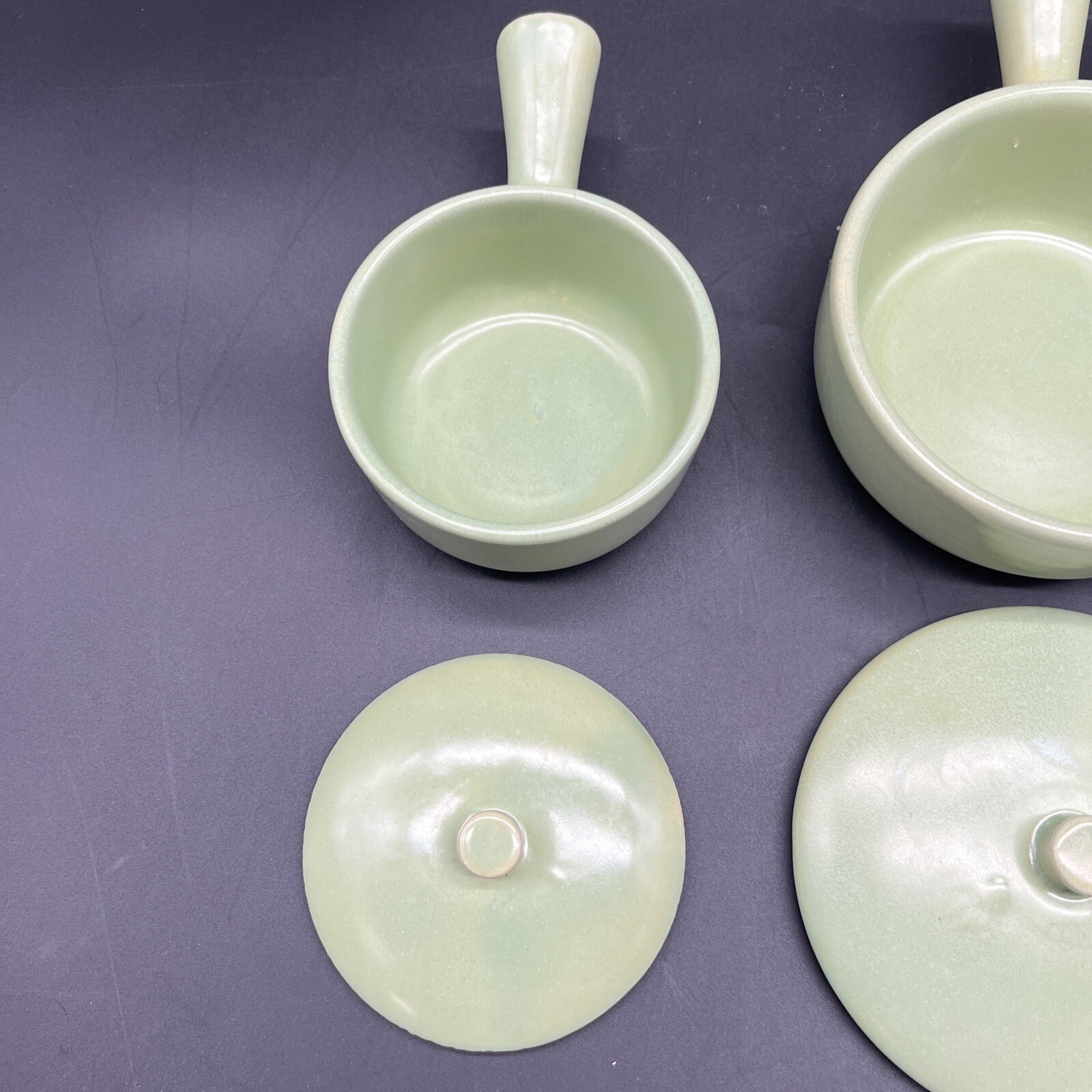 Vtg MCM La Solana Pottery Mint Green Set Of 3 Round Casserole Bowls Pots Lids