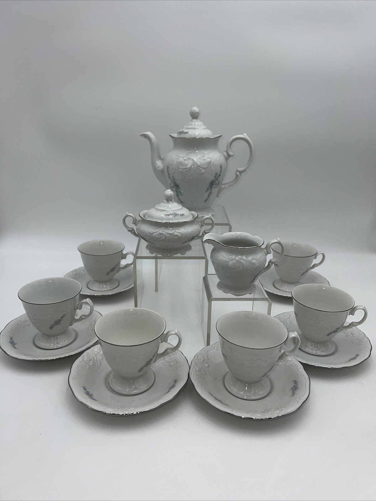 15 pc Vtg Wawel China Set made in Poland Purple Floral Cup Saucers Cream Sugar