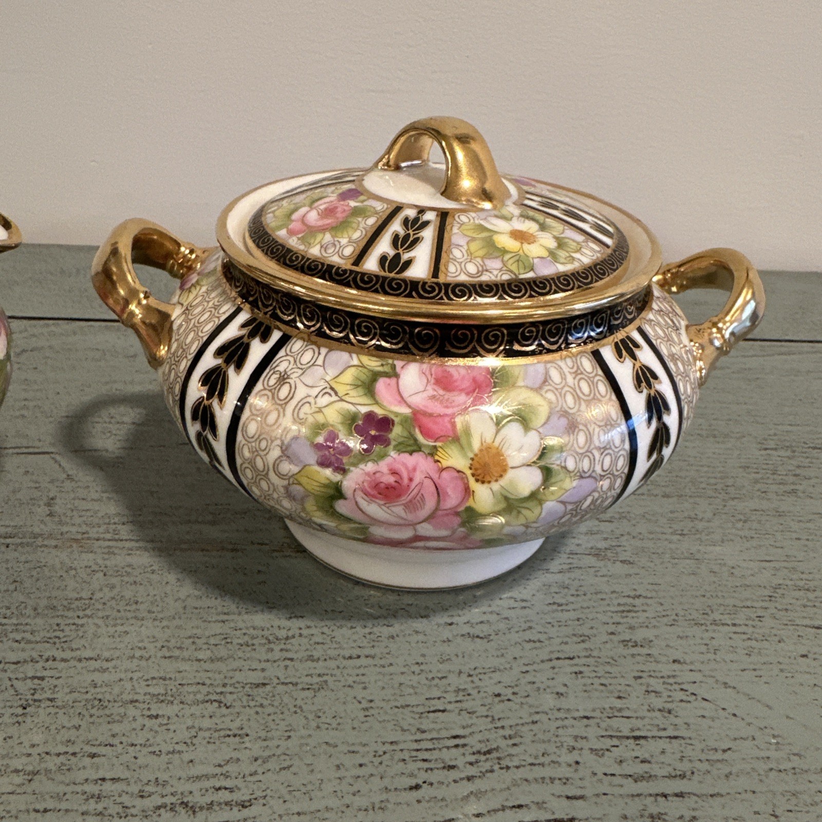 Antique Japan NIPPON Hand Painted Gold Creamer and Sugar Bowl W/ Lid