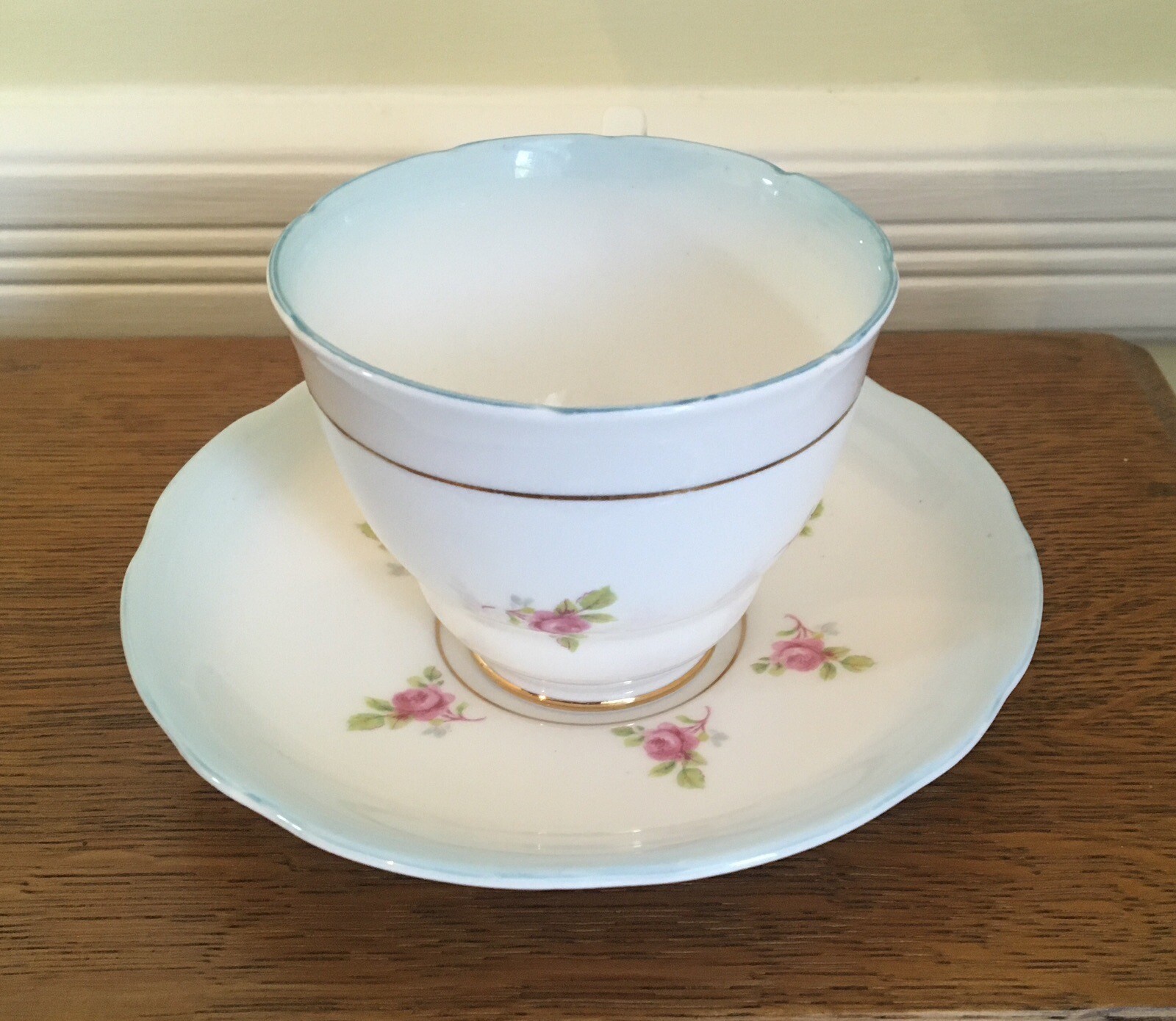 Royal Stafford Roses Pale Blue Teacup Saucer Bone China Gold Trim England 1940s