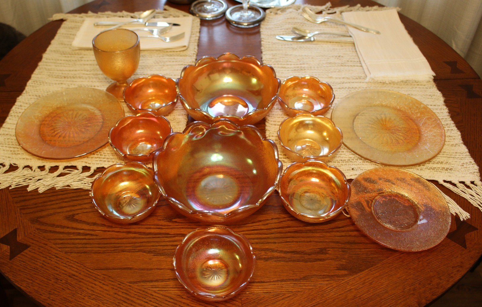 Jeannette Crackle Marigold Carnival Glass Lot Bowls Plates Goblet Candy Dish