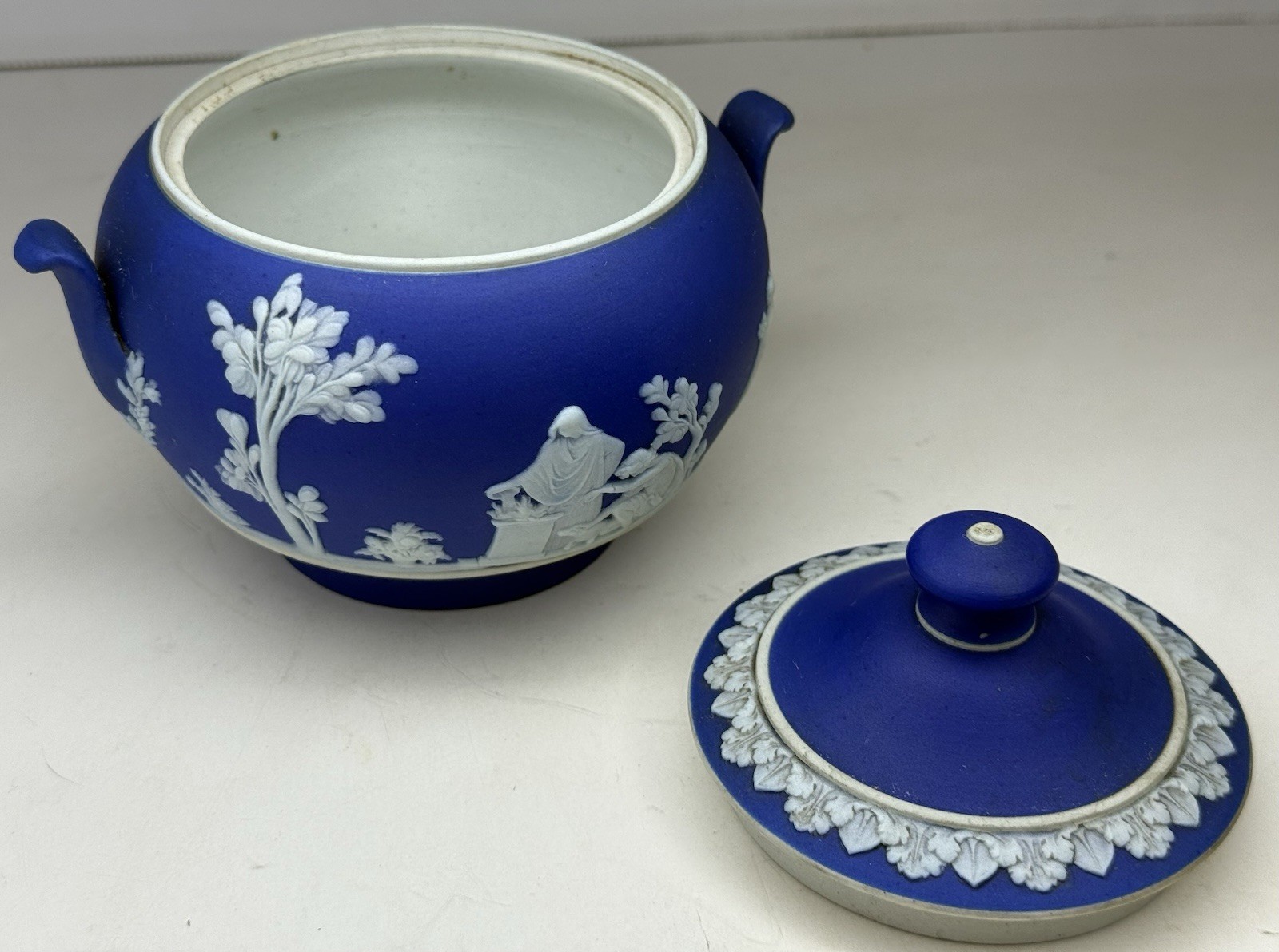 Antique 1880 Wedgwood Cobalt Blue Jasperware Neoclassical Nymphs Scene Tea Set
