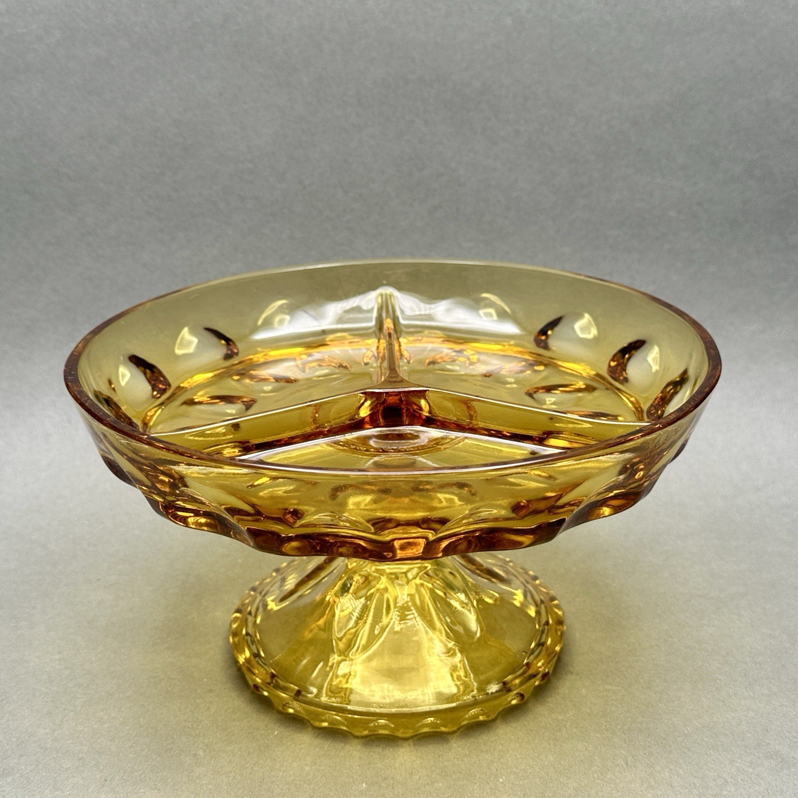 Vintage Hazel Atlas Golden Amber Glass 3 Part Divided Pedestal Serving Dish
