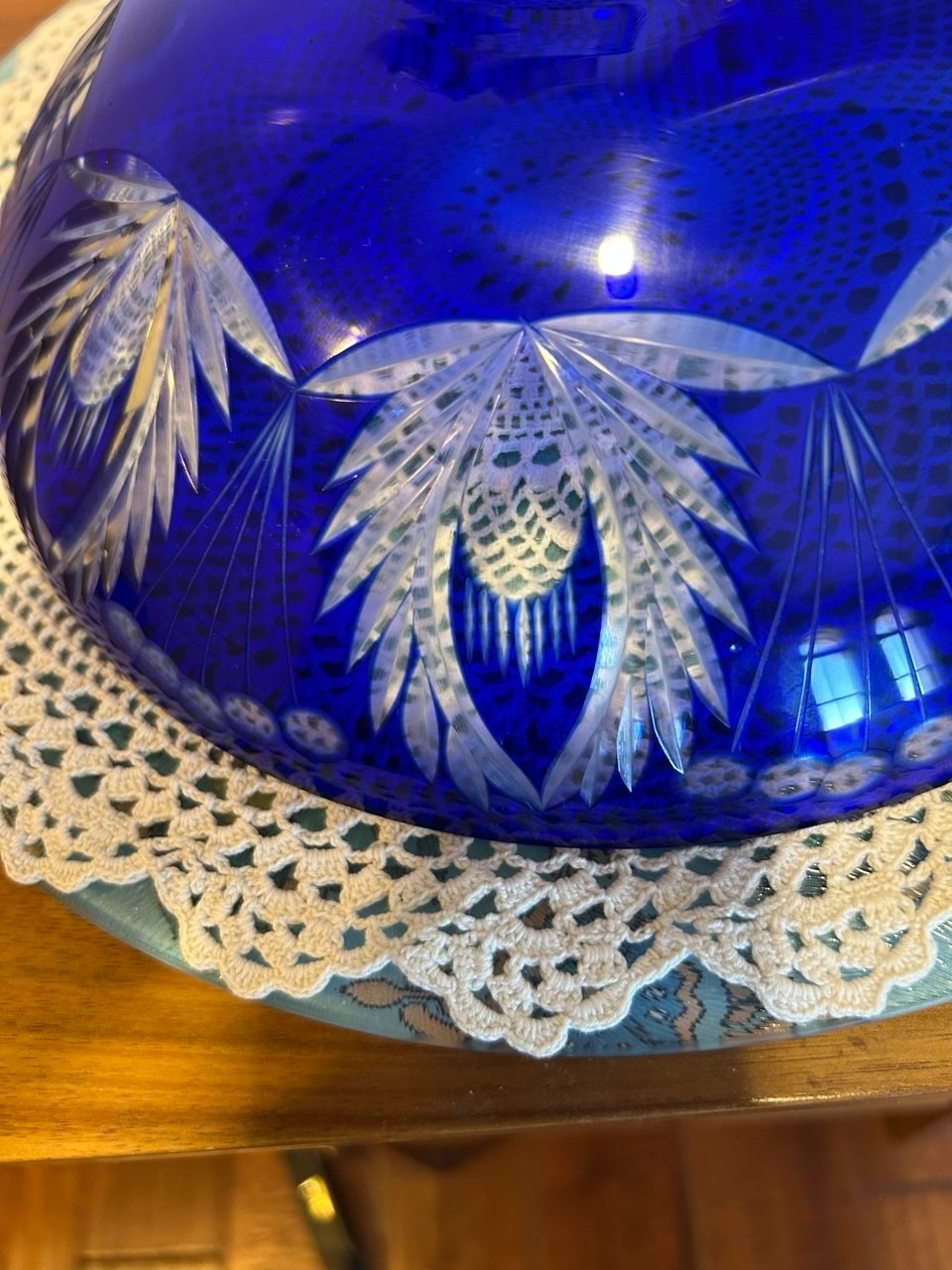 Rare VTG Cobalt Blue Crystal Bohemian Cut-to-Clear Bowl D-9.75″