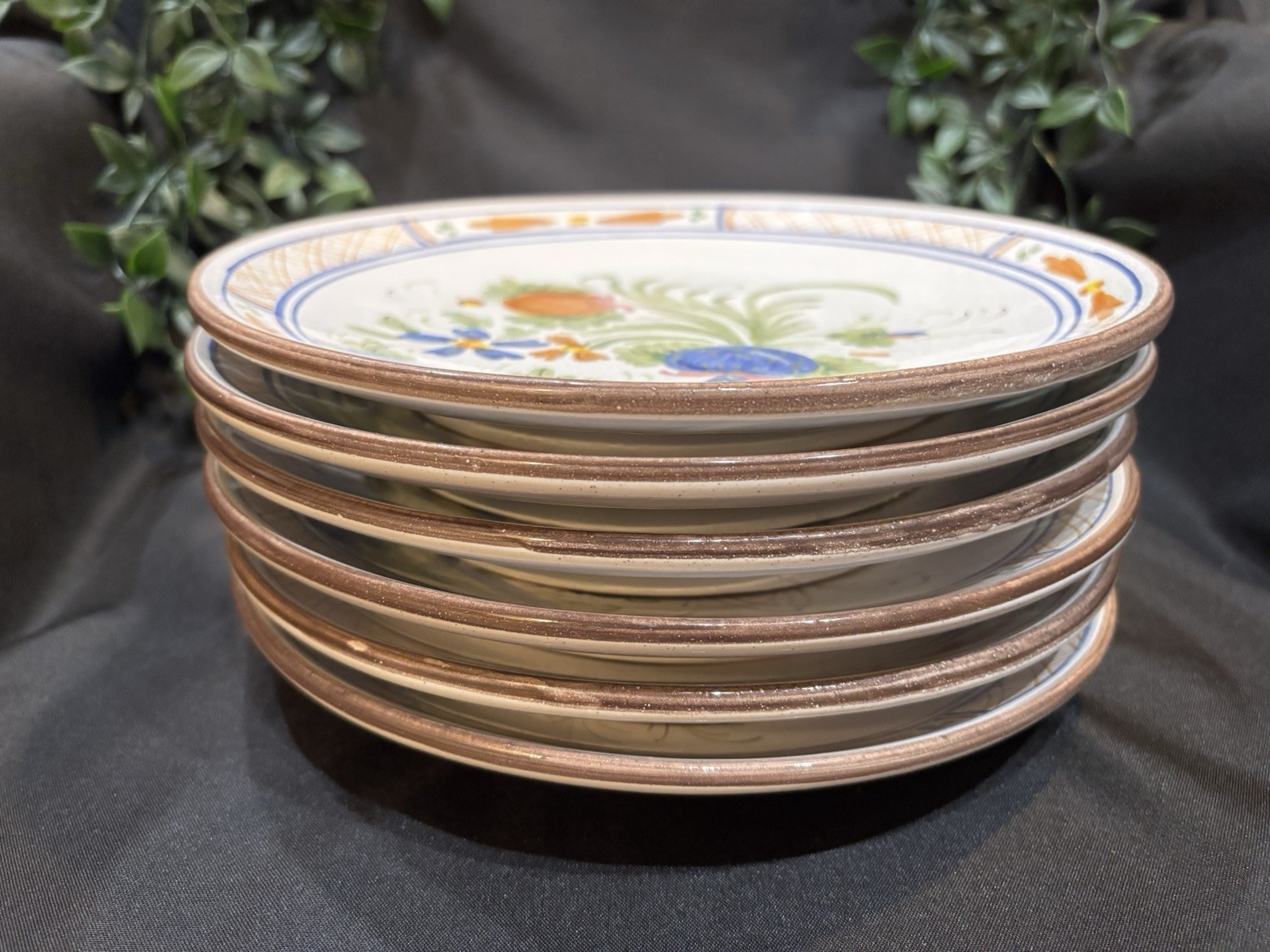 Vintage Set of 6 Italian Hand Painted Firenze Wall Plates 10” Tuscan Floral