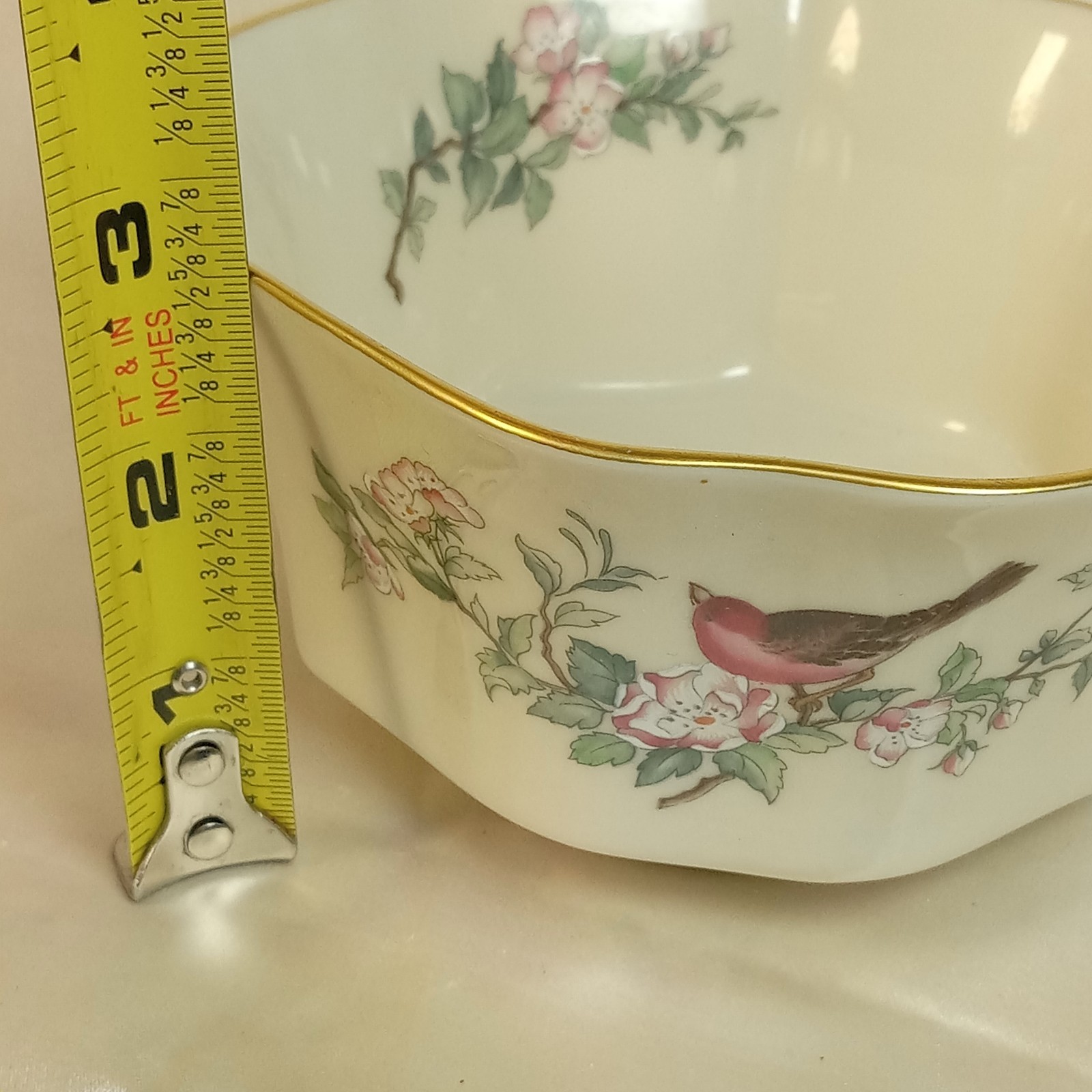 Lenox SERENADE Bowl Porcelain Birds Pink Flowers Gold Trim 5″ FLARED GOLD Trim