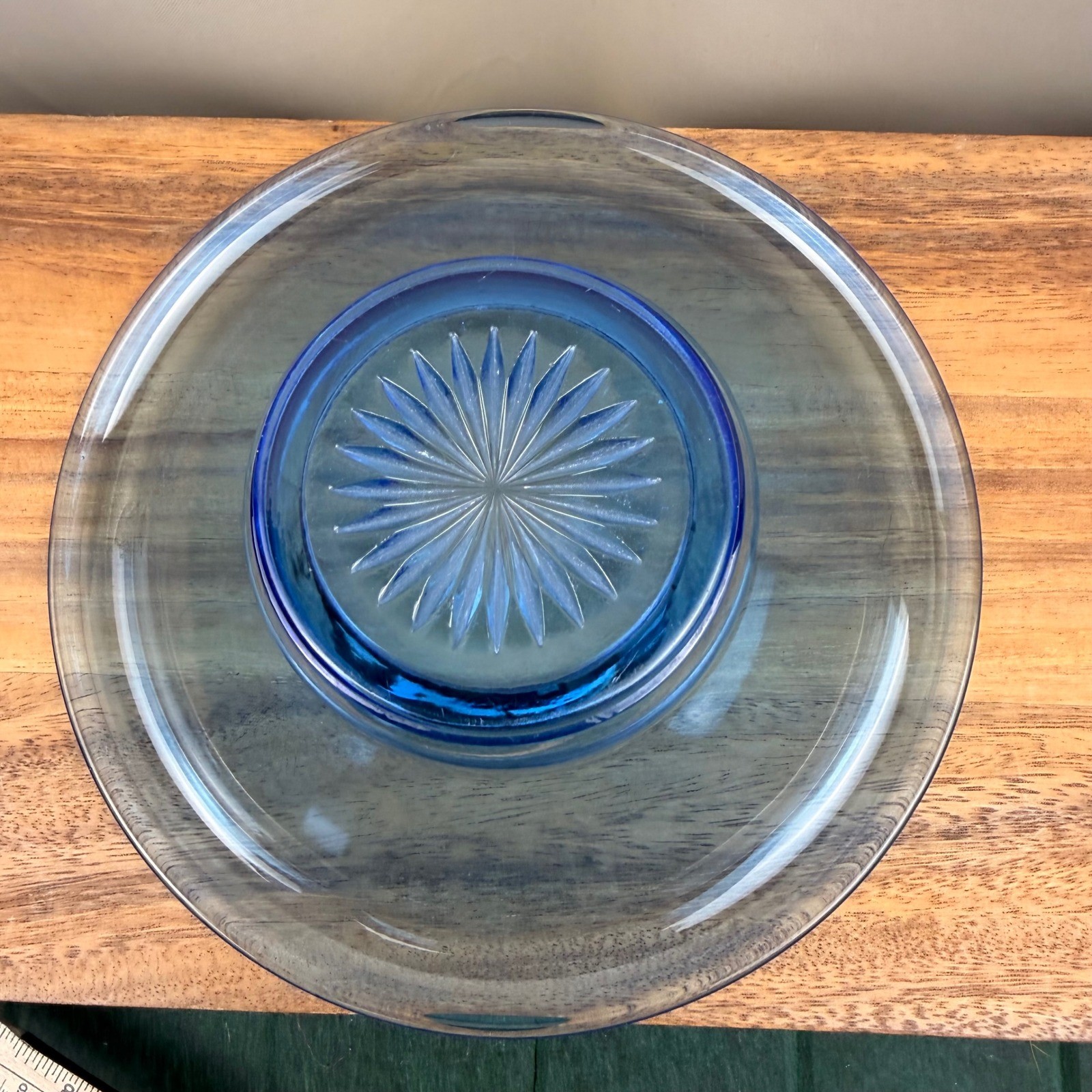 Vintage Blue Depression Glass Console Bowl Starburst Base UV Glow Manganese 9in