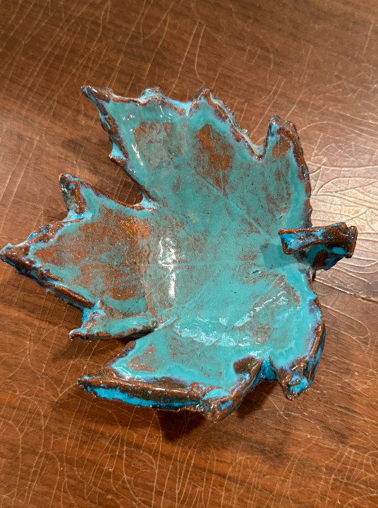 Handmade Studio Pottery Leaf Dish Signed Amy Turquoise Glaze