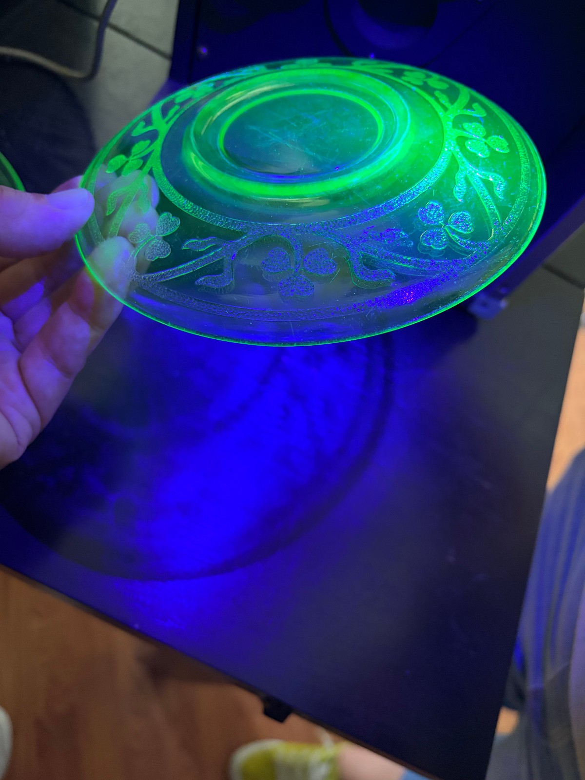 5.75″ Uranium glass plates with floral pattern, set of 2