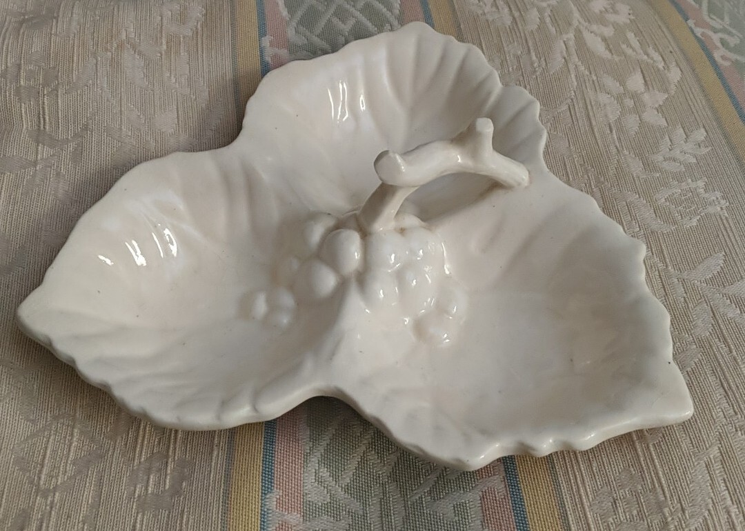 Antique Candy Dish Vintage Ivory White 3 Section Grape Leaves Stem Handle 1930s