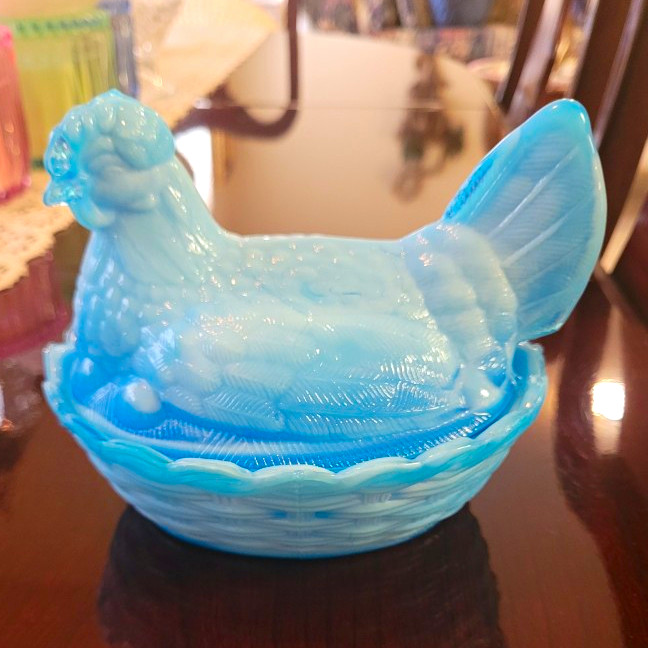Vintage Blue Slag Glass Hen on Nest Covered Bowl Oval Dish w/ Lid 7″ x 4″