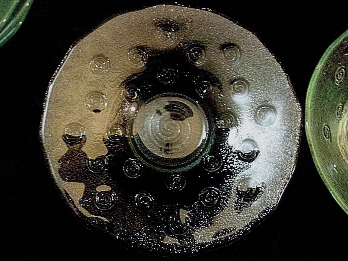 FOUR PIECE SET of GREEN TINTED GLASS BOWLS with MATCHING SAUCERS – SPIRALS!!