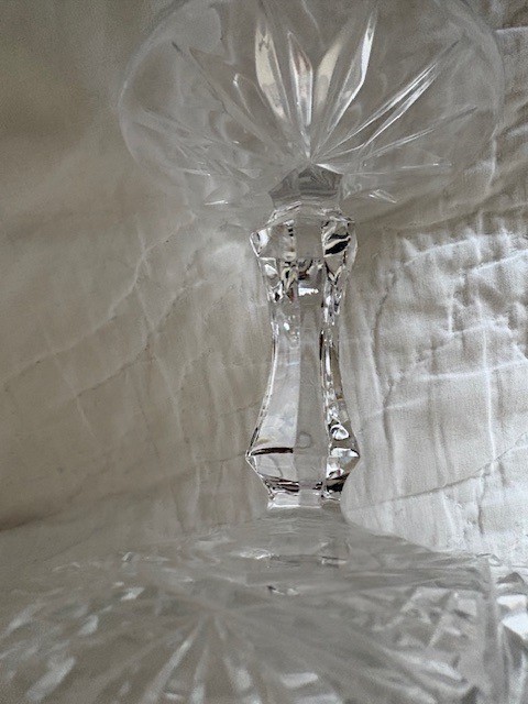 Vintage large crystal candy dish on glass pedestal. Approx 5 1/2 inches