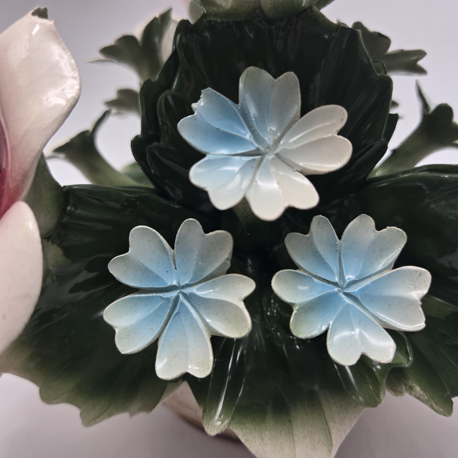 Capodimonte Italy Pink Yellow Roses Blue Ceramic Flowers Nuova Centerpiece Vtg