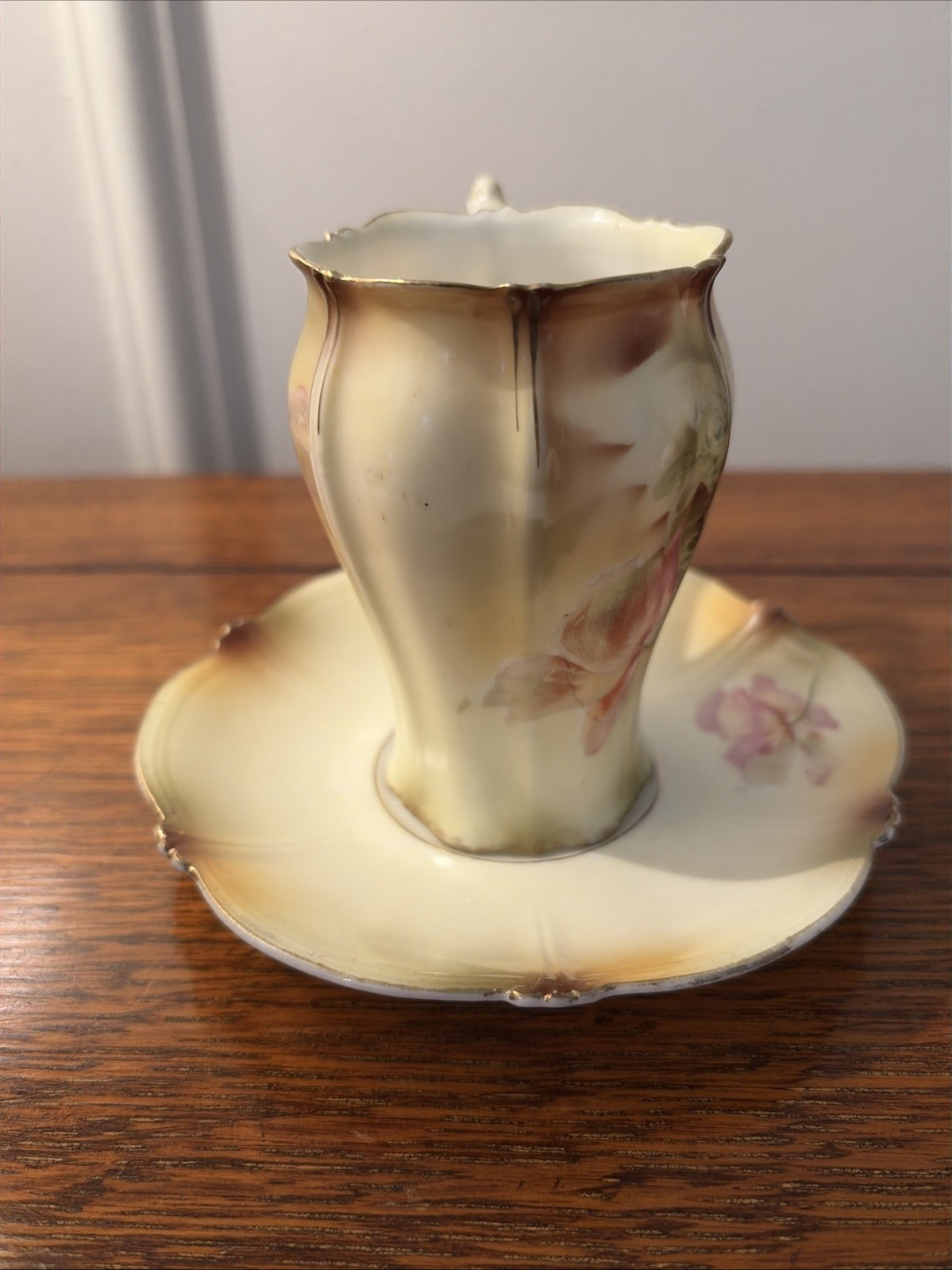 Antique RS PRUSSIA Floral Chocolate Cup & Saucer Set Pink Flowers Red Mark READ