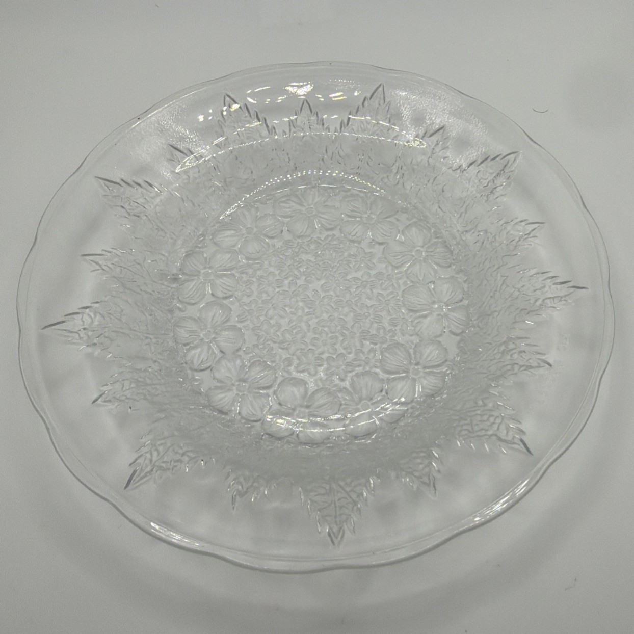 KIG Vintage Indonesian Butter Plate 6″ Clear Etched Glass Flowers Leaves