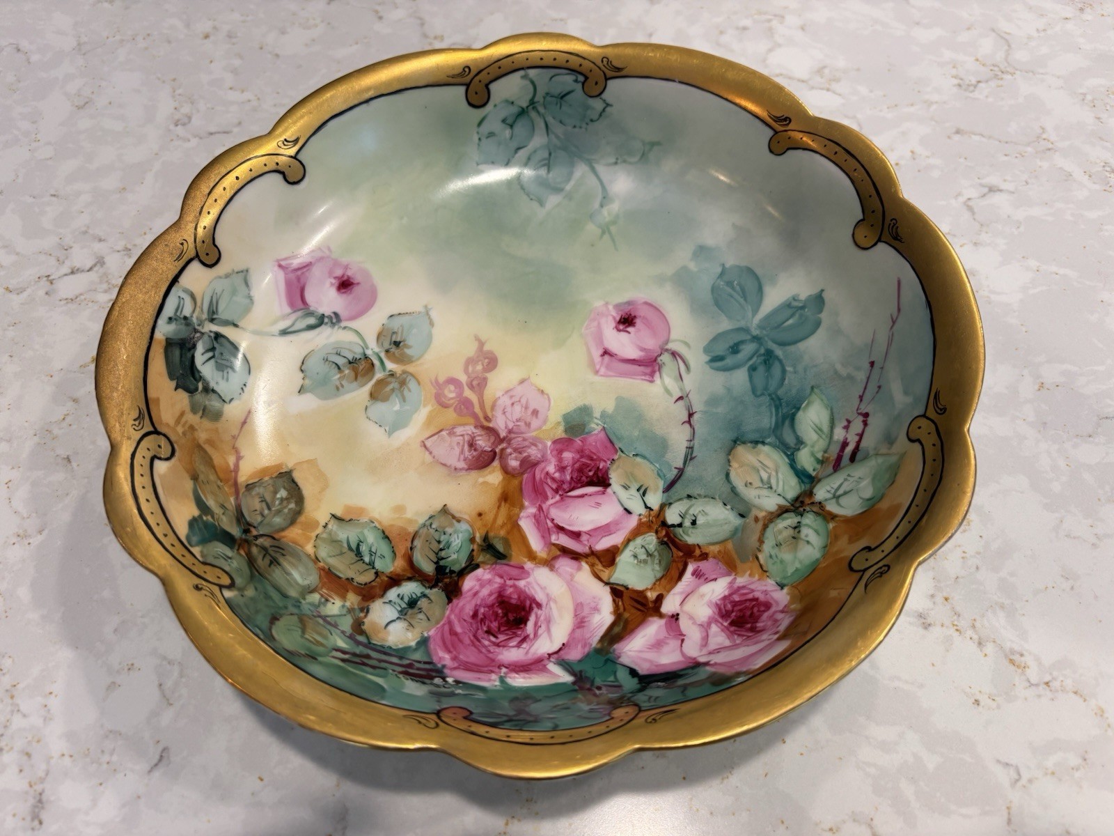 Antique Limoges France Hand Painted Pink Roses Bowl Artist Signed Gold 10.5