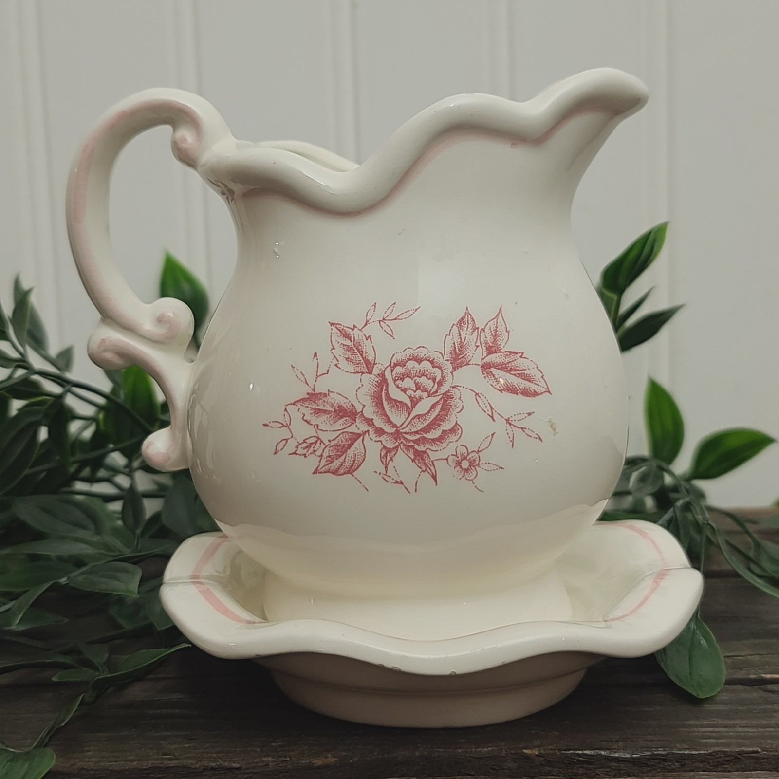 Vintage Pink Floral Roses Creamer Pitcher Planter Shape Vase w. Saucer 5″