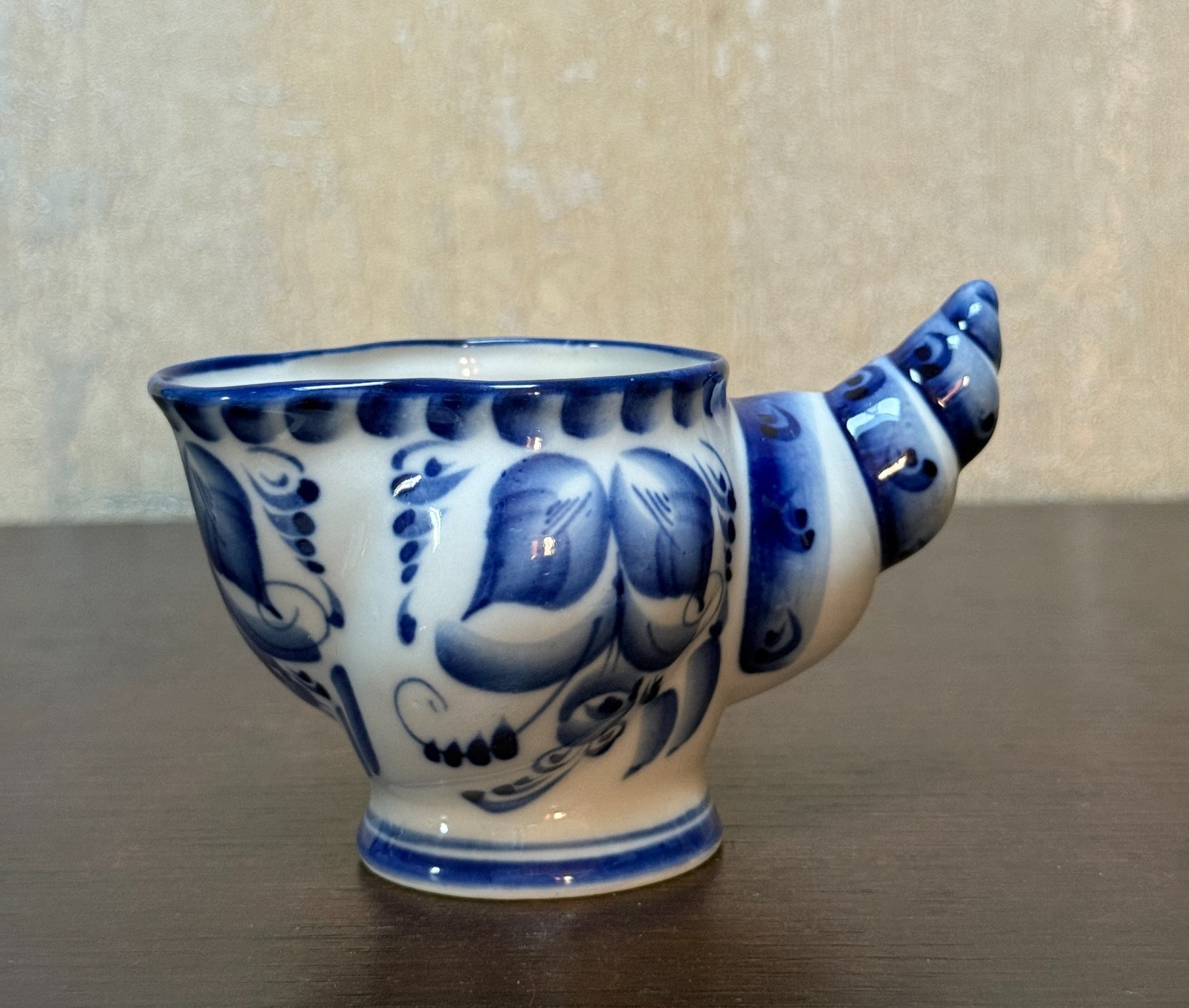 Vtg Gzhel Blue White Porcelain Cornucopia Creamer Pitcher Hand Painted Russia