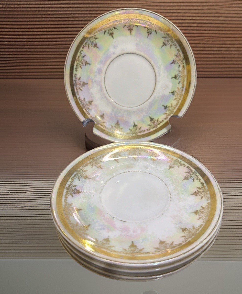 Vintage Bohemia Czech Lustreware Saucers Gold Trim Set Czechoslovakia