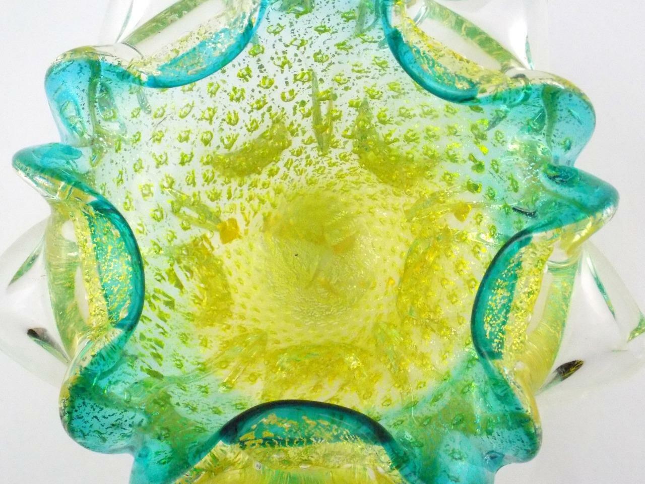 Italian Art Glass Polished Base Controlled Bubble Flower Bowl Green Blue V GOOD
