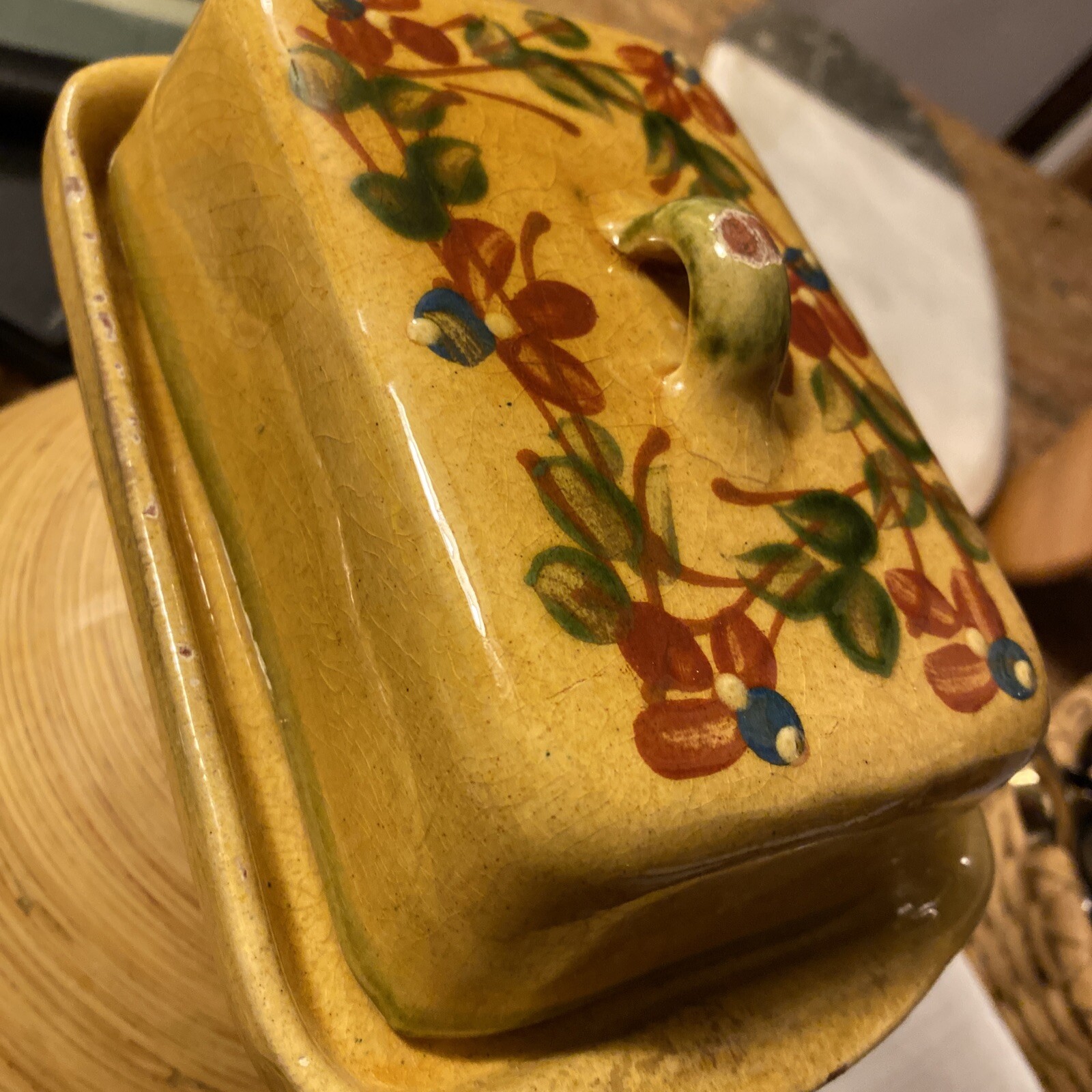 Pound BUTTER or CHEESE Heavy Red Clay Dish WITH LID Berries And Leaves Vintage