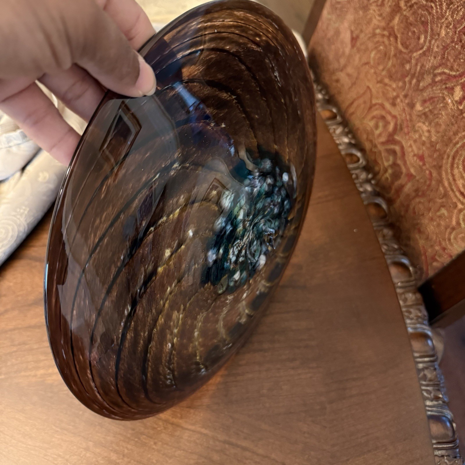 Contemporary Piece Of Art Glass Featuring A Swirling Design Brown, Blue & Yellow