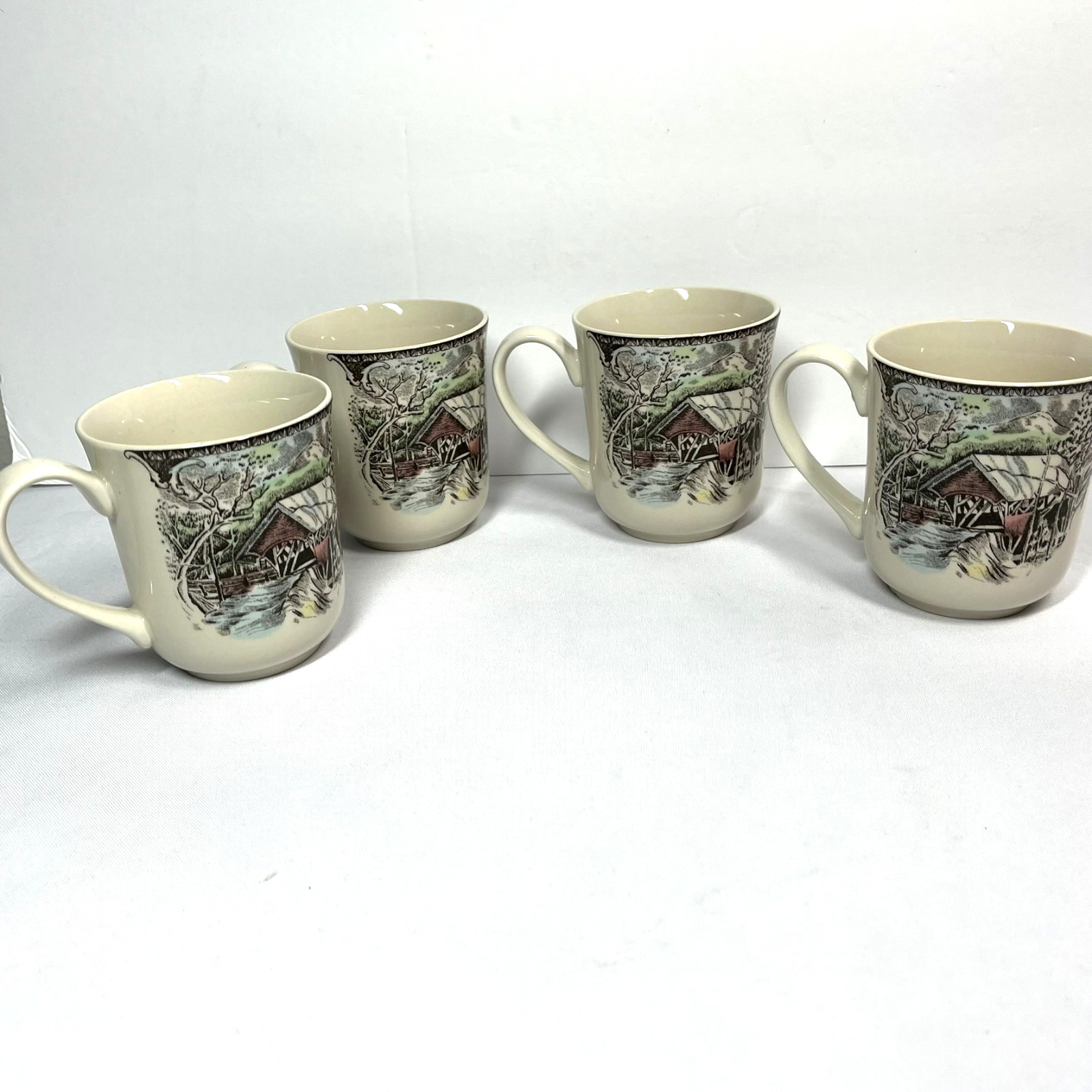 Set of 4 Johnson Brothers Friendly Village Covered Bridge 12 oz. Coffee Mugs