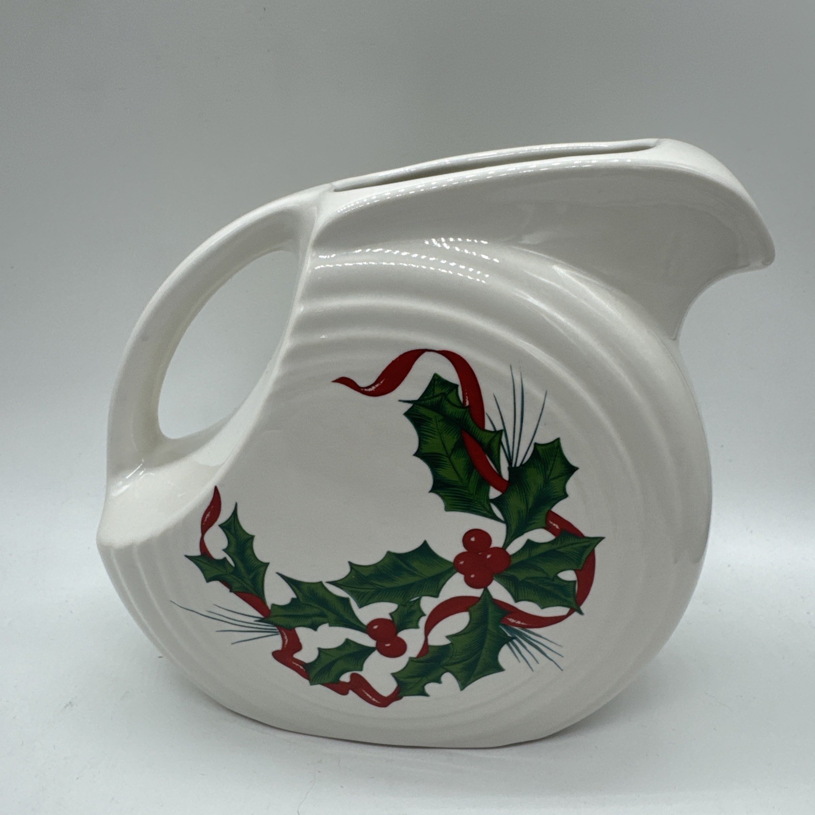 FIESTA Small Disc Disk Pitcher Holly Ribbon Christmas Creamer White 28 Oz