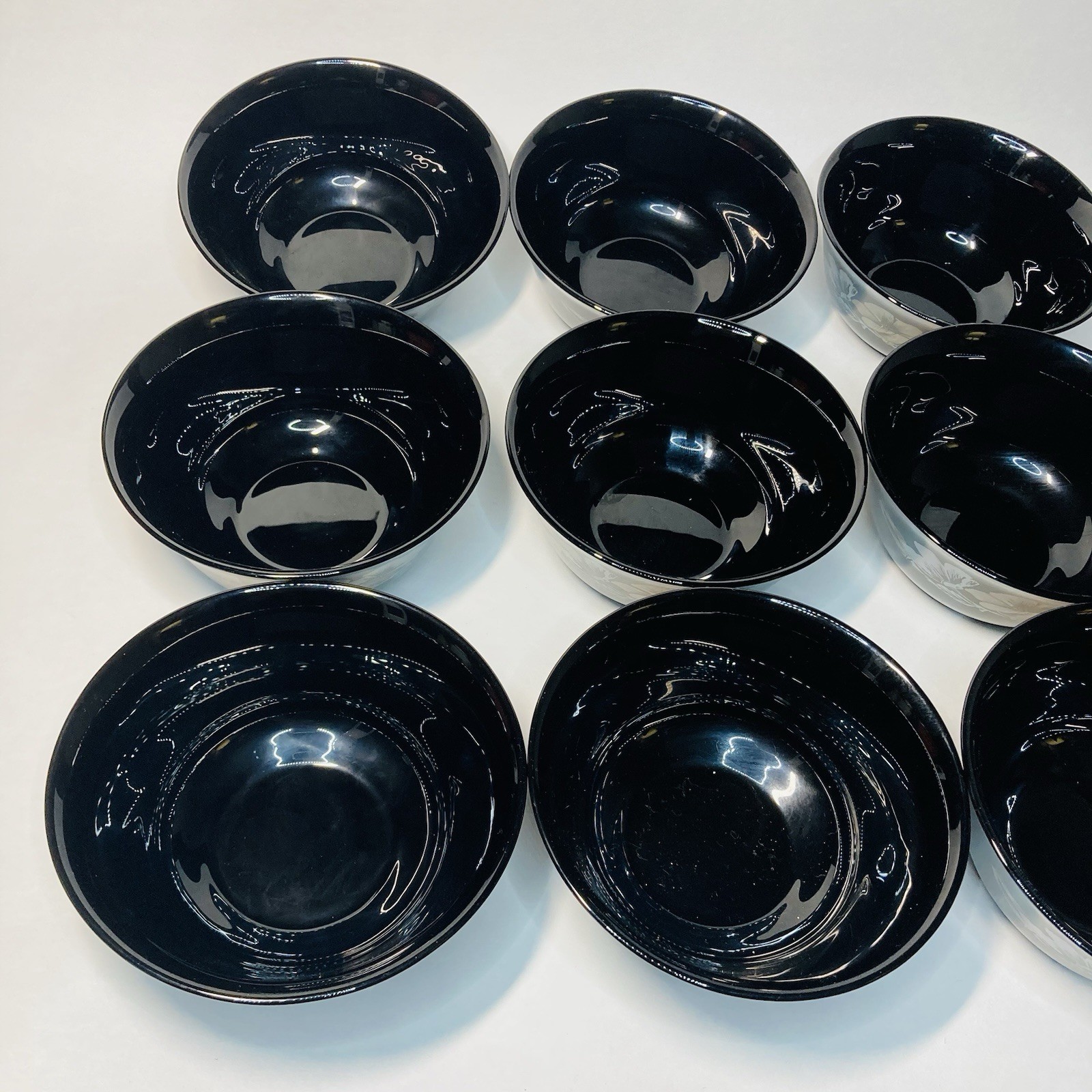9pc Arcoroc JULIE Berry Fruit Bowl Black Glass France Gold Floral Vintage