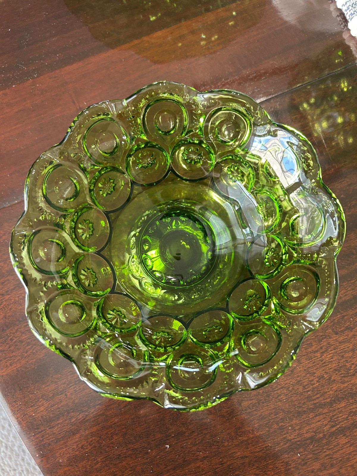 Vintage 4pc L.E. Smith Green Moon & Stars Set Cake Pedestal 2 Bowls 1 Compote