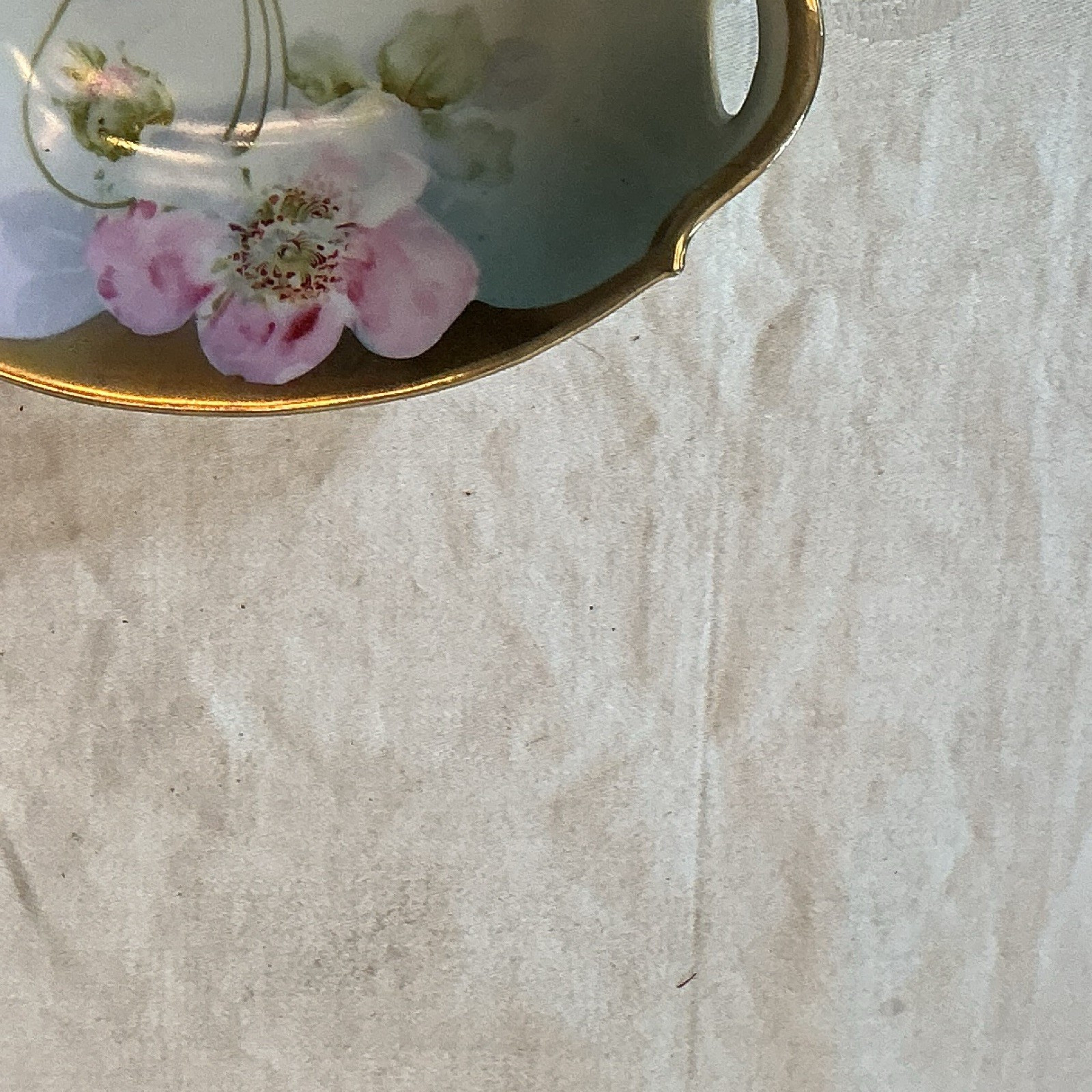 Hand Painted Floral Porcelain Handled Dish, White Pink Green Gold Trim