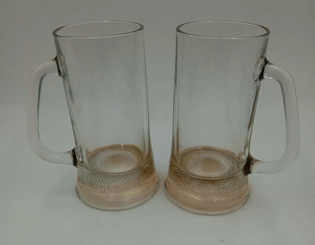 2 Glass Beer Mug Steins With Heavy Textured Bottom 6.25 in tall