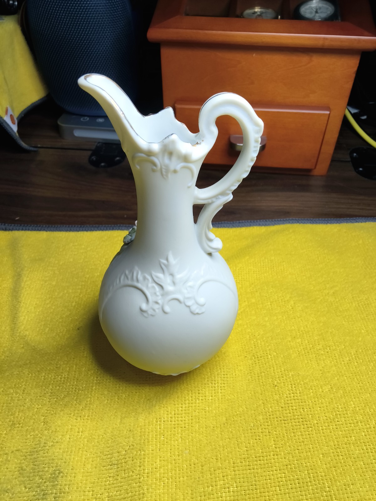 Lefton Porcelain Floral Pitcher White Pink Green Glossy Handle KW 4540