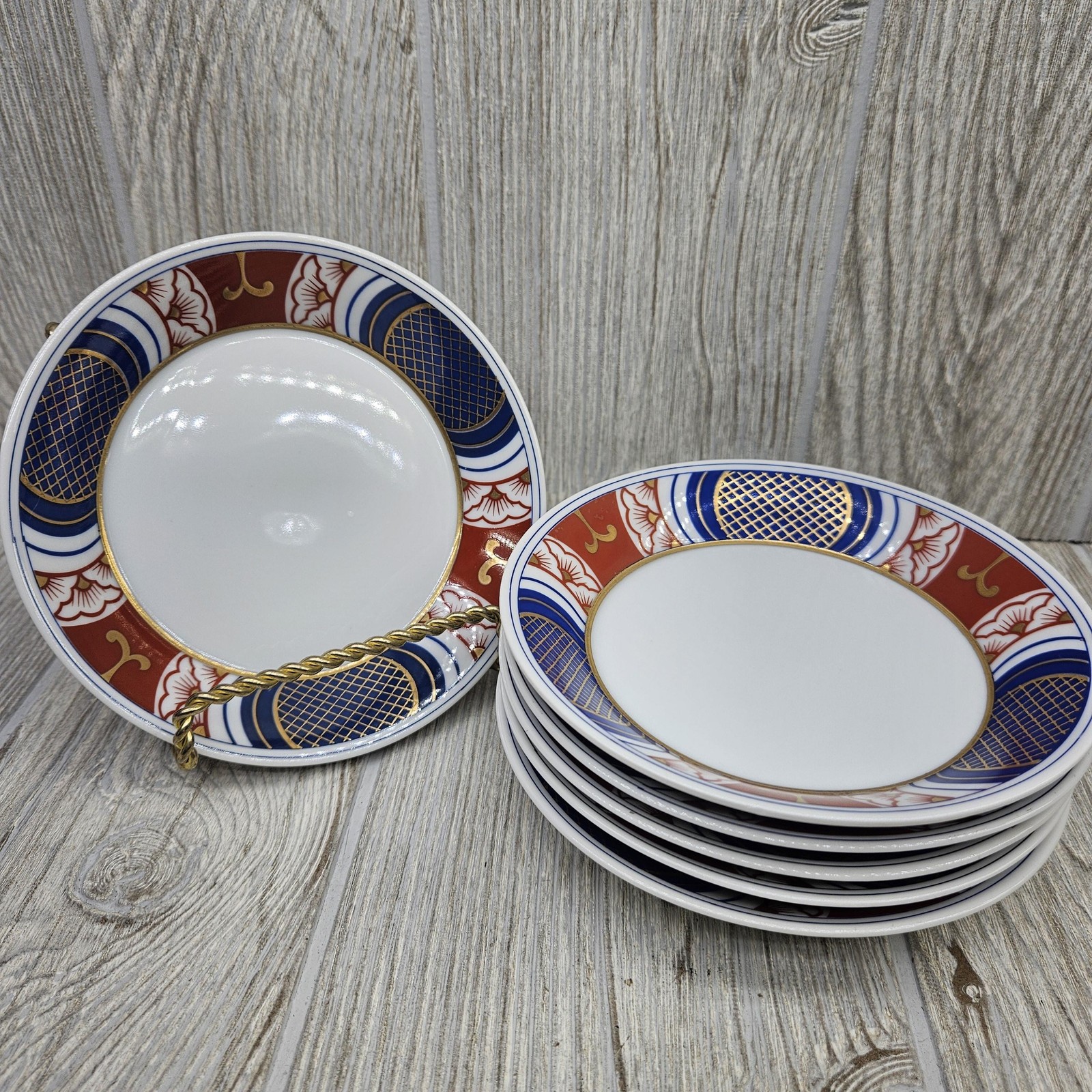 Fitz and Floyd Nishiki Set of 6 Dessert Fruit Sauce Bowls Blue Rust Gold Japan