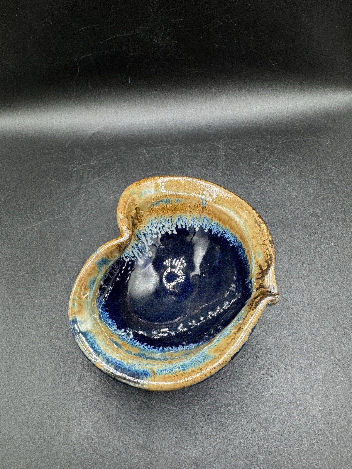 Pigeon River Pottery Heart Shaped Bowl Blue Beige Drip Glaze Signed Ceramic 5.5”