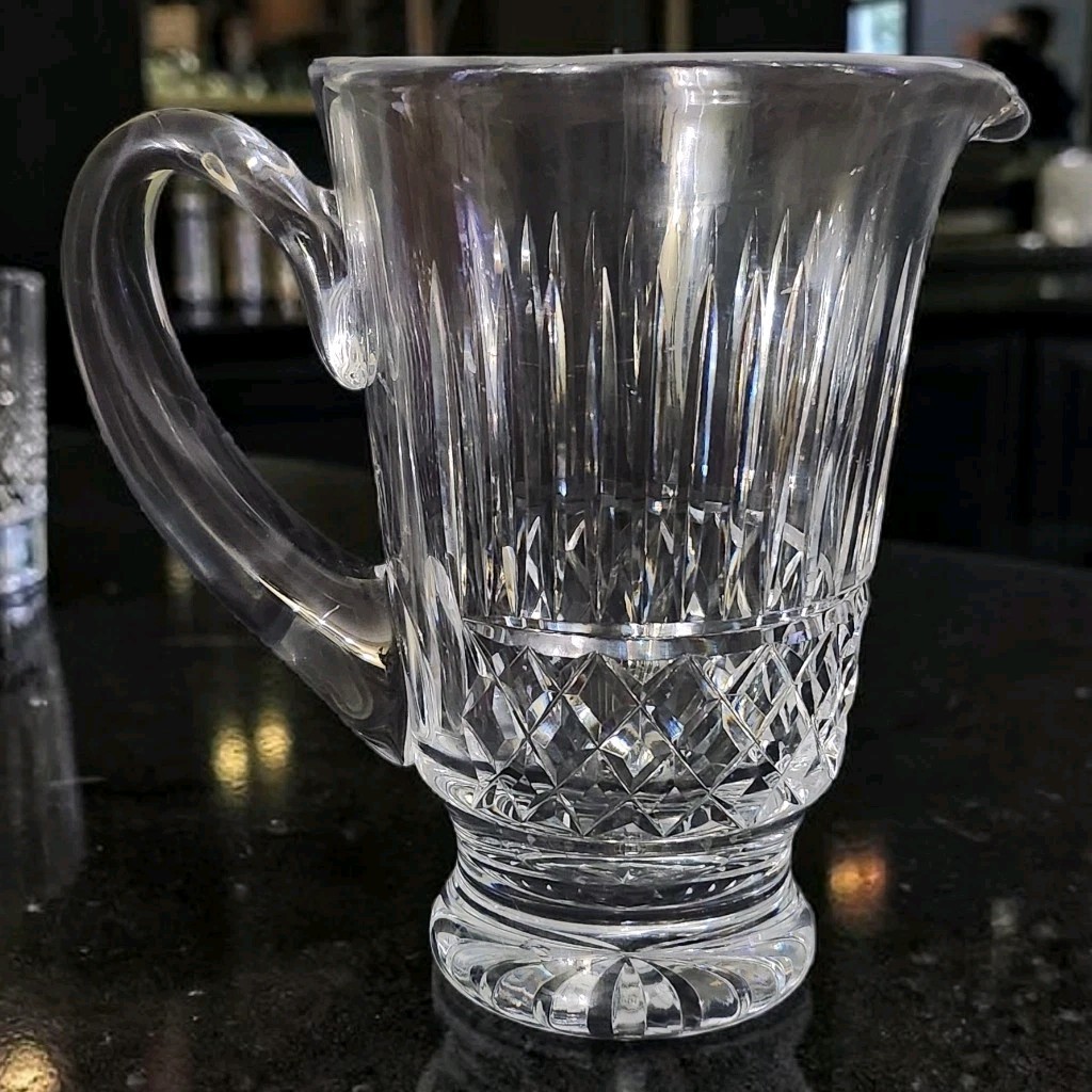 Vtg Waterford Pitcher Cut Crystal Diamond Pattern Applied Handle 7.5″ Tall Read