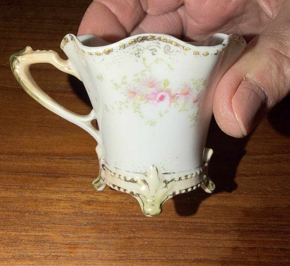 Porcelain Creamer Floral Gold Trim Footed Base Decorative White Pink Green