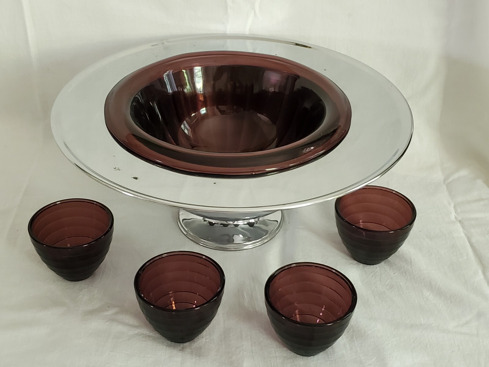 Vtg 30’s Hazel Atlas Purple Amethyst Punch Bowl Chrome Art Deco Moderntone Cups