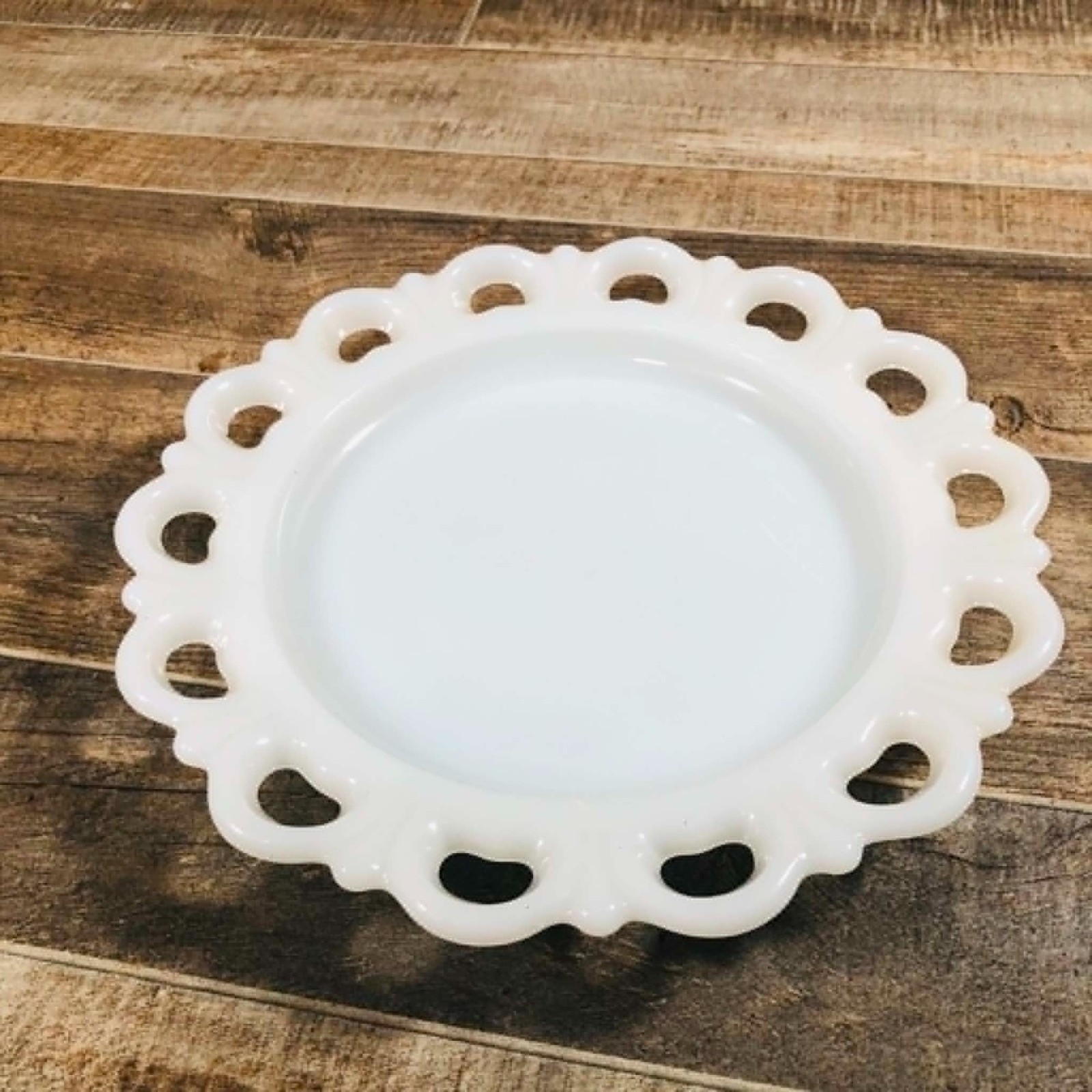 Vintage Anchor Hocking Milk Glass Open Lace Heart Border Plates Set of 5