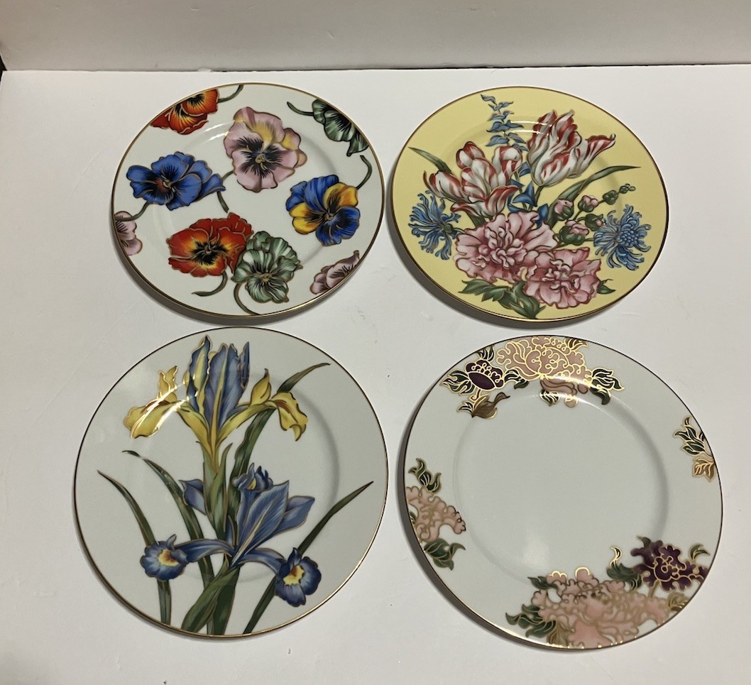 Fitz And Floyd Salad/ Bread Plates (4) Floral Porcelain Gold Trim 7.5 Inches