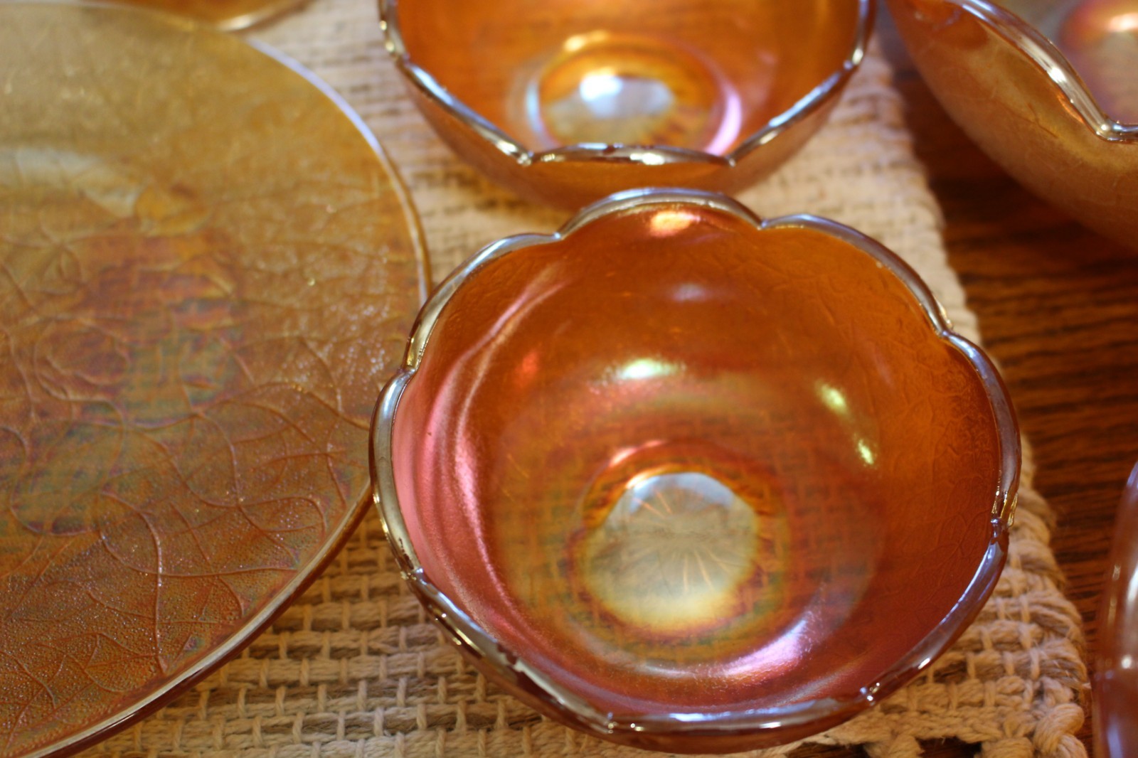 Jeannette Crackle Marigold Carnival Glass Lot Bowls Plates Goblet Candy Dish