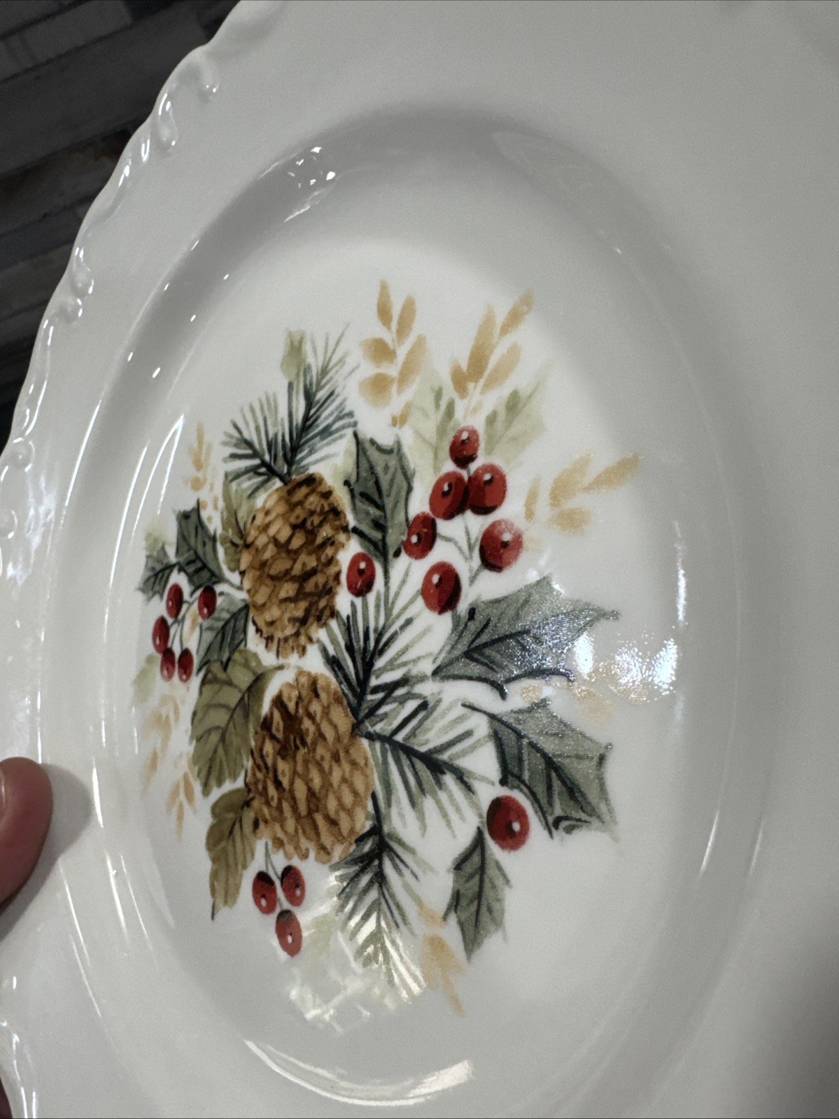 Gibson Designs White Embossed Rim Pine Cones Berries & Holly Salad Plate