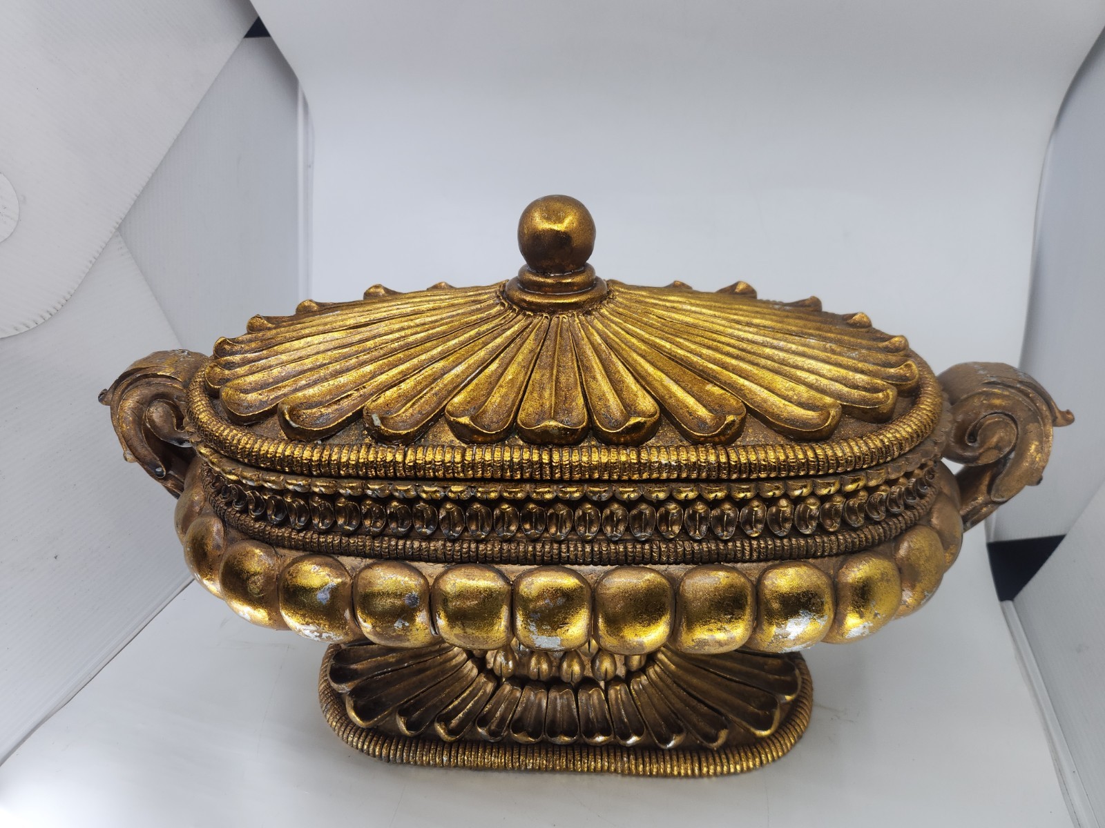 Large Hollywood Regency Gold Covered Tureen Urn Centerpiece Pedestal Bowl 21″