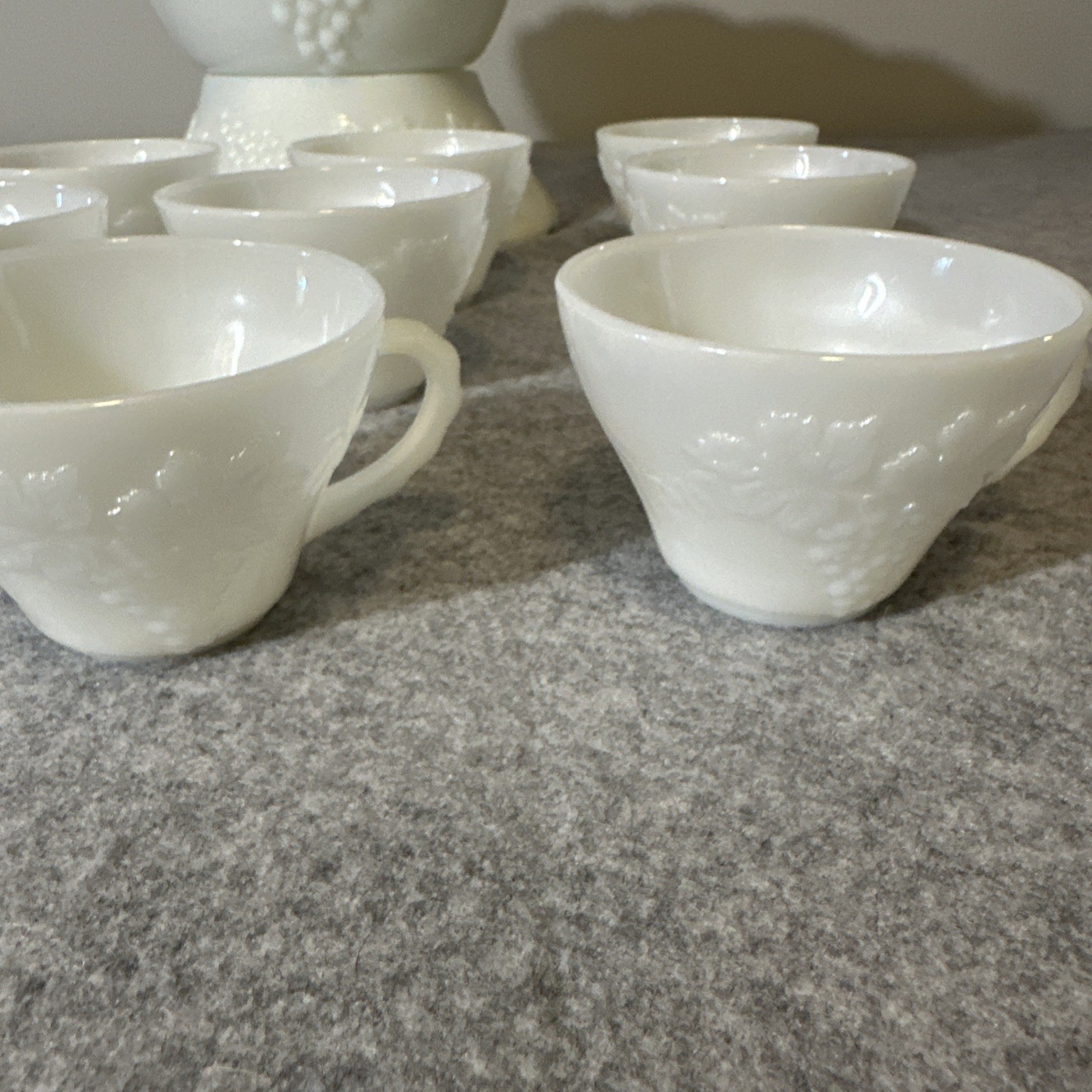 VTG Anchor Hocking Milk Glass Harvest Grape Punch Bowl Set Base 10 Cup Scalloped