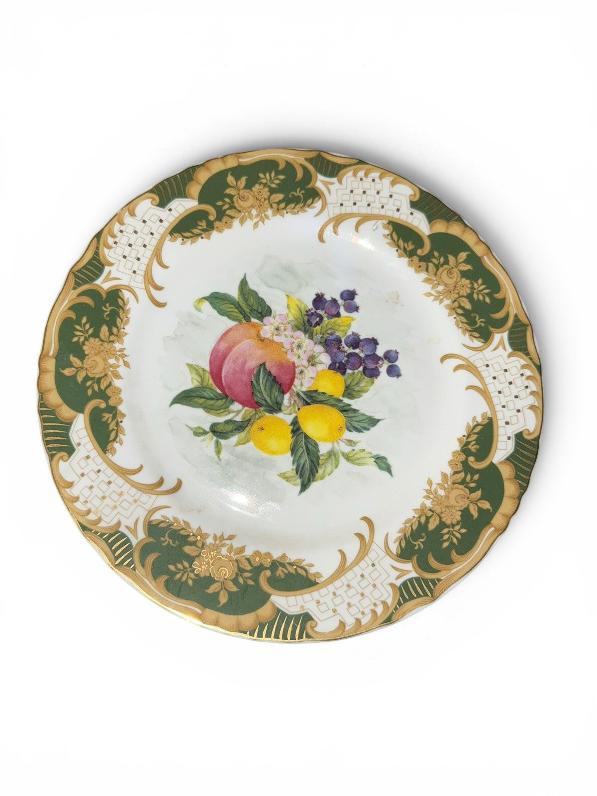 Vintage Limoges France Decorative Fruit Plates Green Gold Border Set of 3