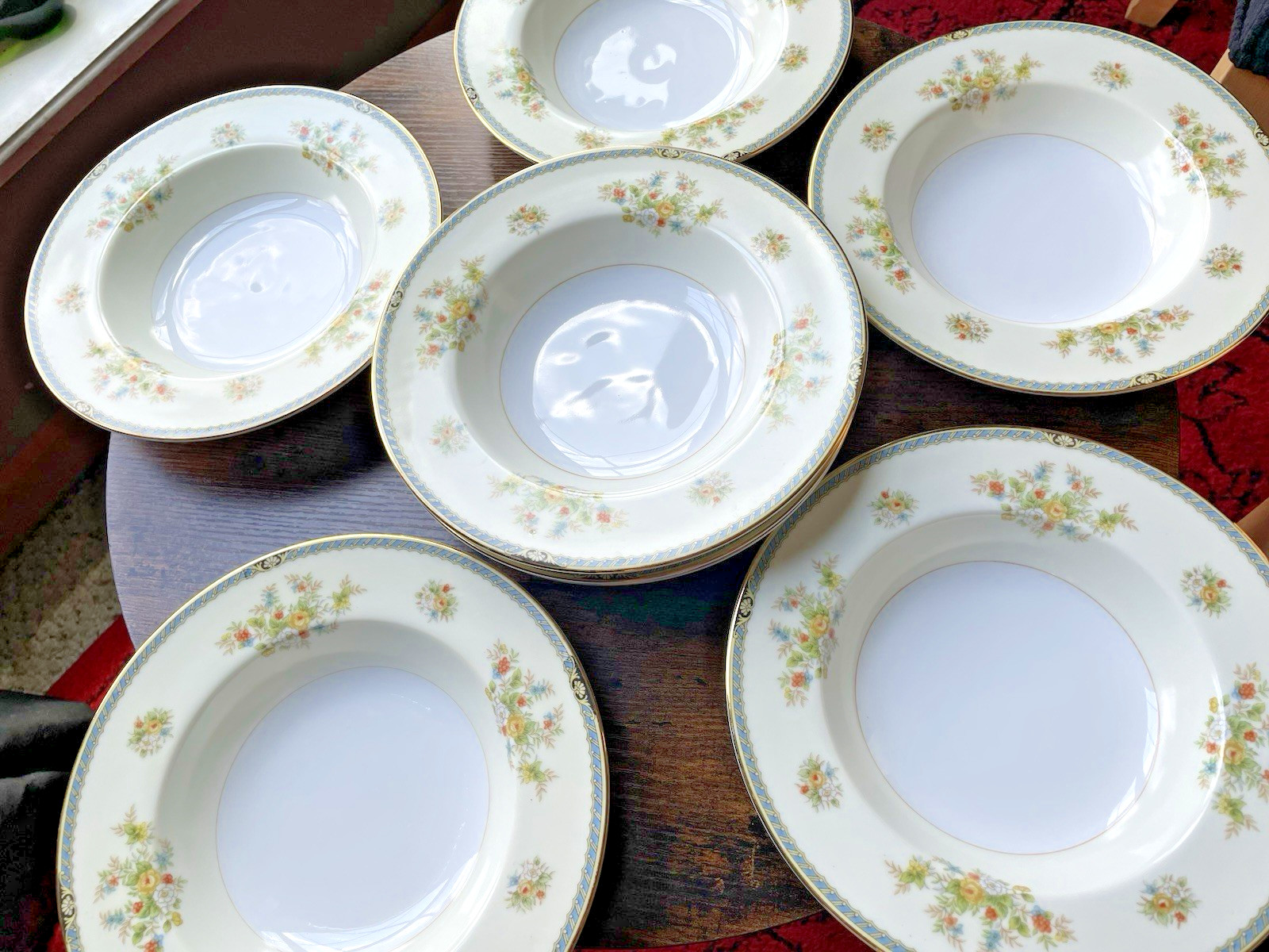 8 Rose China FLORAL Soup Salad Bowl Blue Gold Trim Occupied Japan 8″ Vintage Set