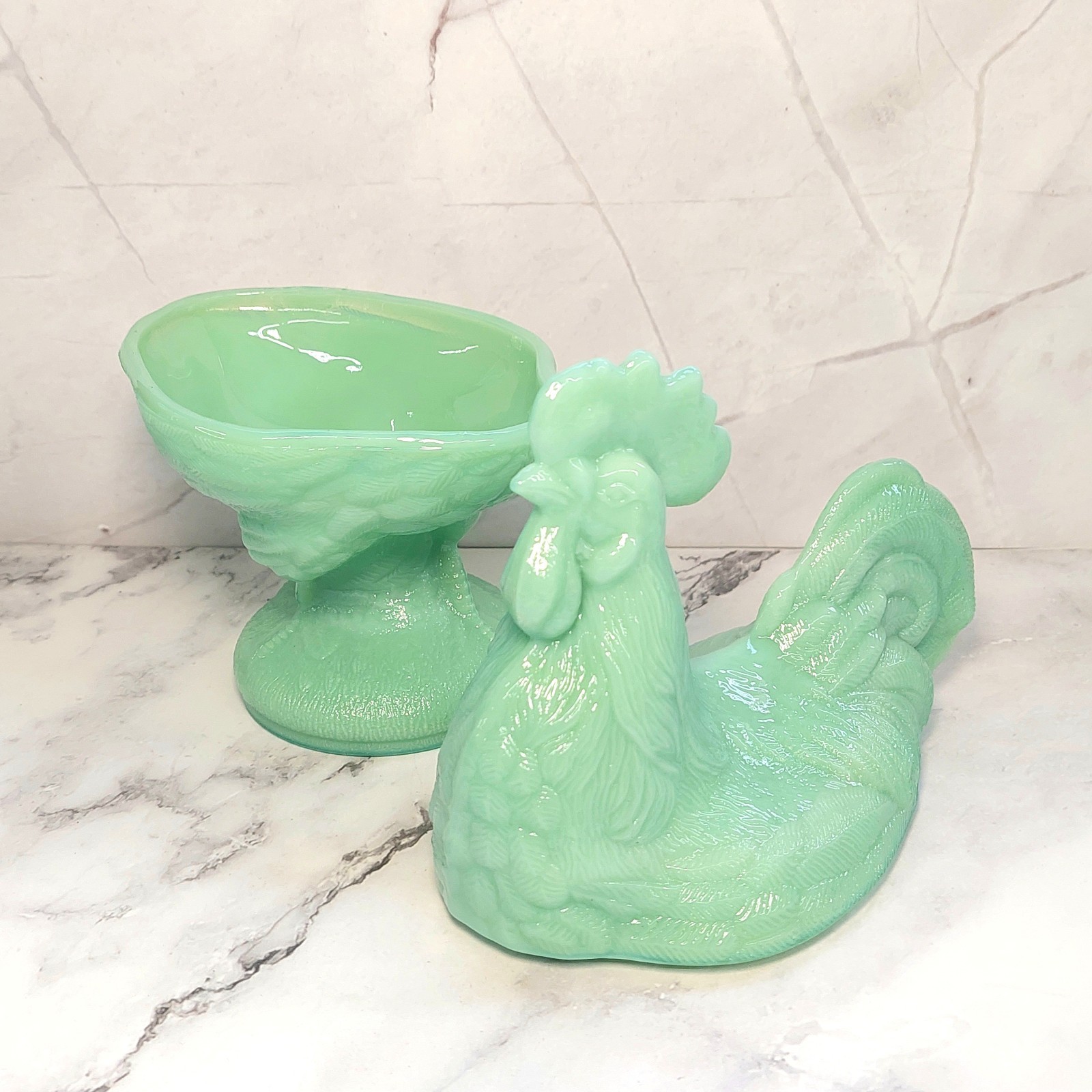 Green Jadeite Depression Style Glass Rooster Chicken Candy Dish, Hen on Nest